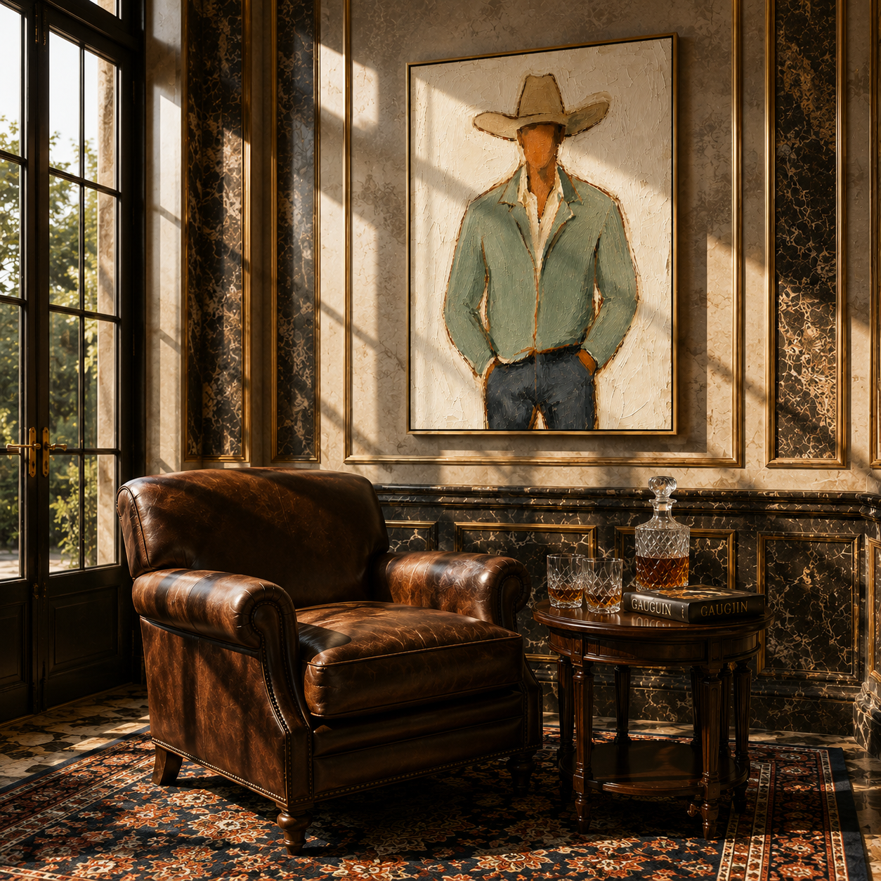 Sage Jacket Holds Ground – mid-century modern vertical cowboy wall art – room view 3