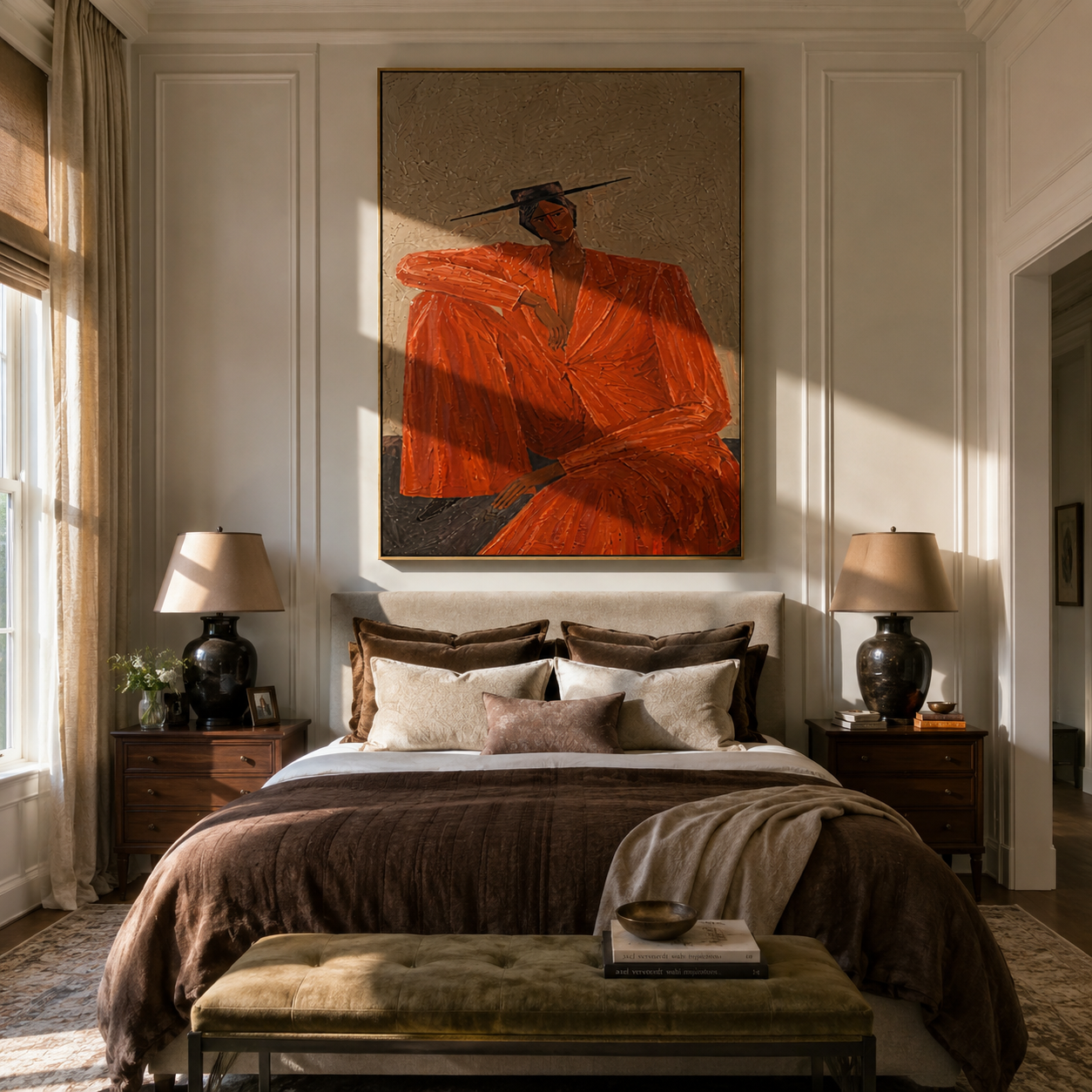 Rust Suit Holds the Shoulder - Seated Rust Suit Figure painting by Adrian Lee, mid-century modern vertical wall art – styled room scene view 3