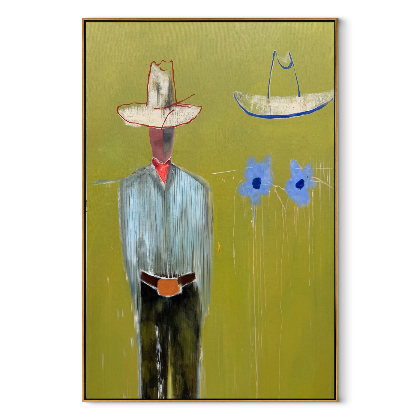 Blue Cats Guard Silence - striped cowboy with two cats painting by Adrian Lee, mid-century modern vertical wall art – wood frame on white background