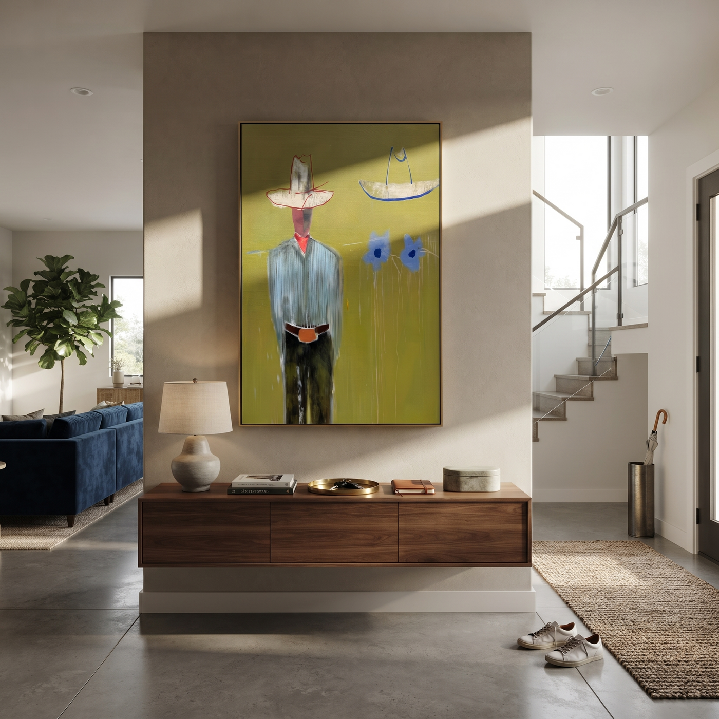 Blue Cats Guard Silence - striped cowboy with two cats painting by Adrian Lee, mid-century modern vertical wall art – styled room scene view 2
