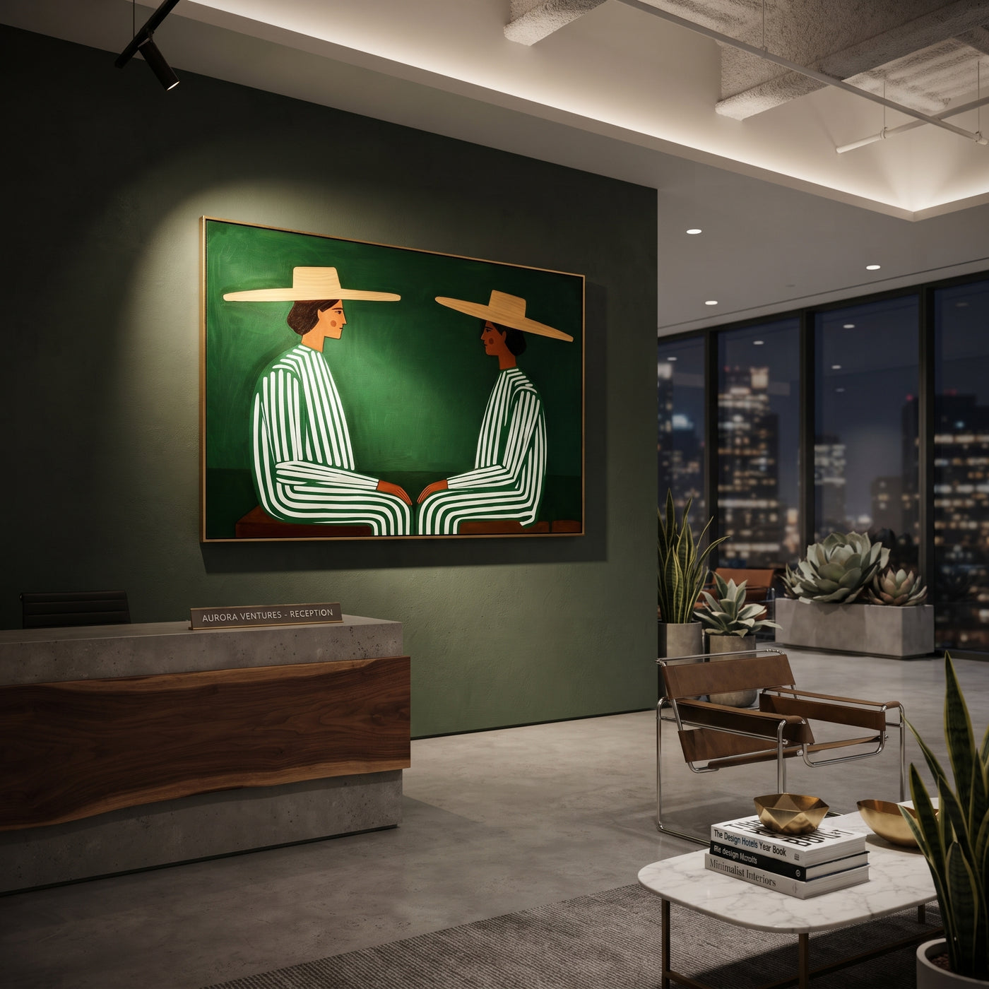Green Stripes Face Inward - green stripe seated pair painting by Adrian Lee, mid-century modern horizontal wall art – styled room scene view 3