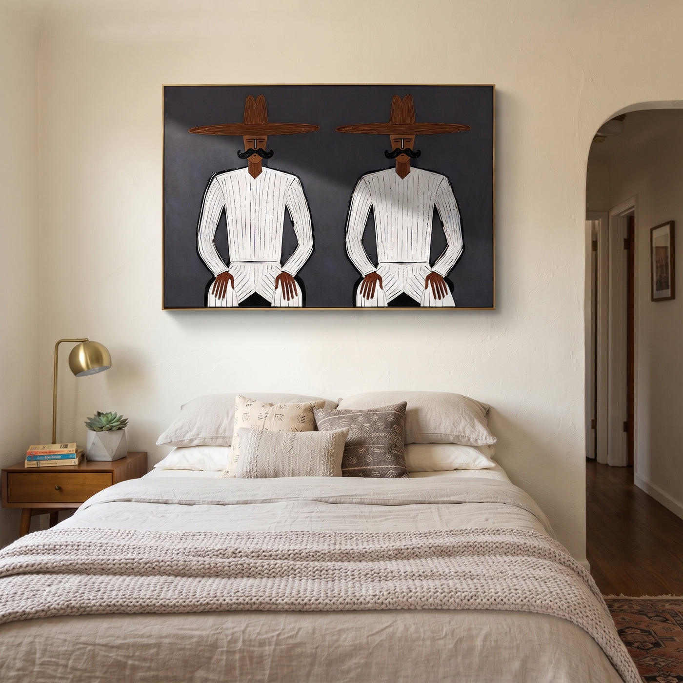 White Suits Mirror Stillness - white suit twin figure painting by Adrian Lee, mid-century modern horizontal wall art – styled room scene view 3