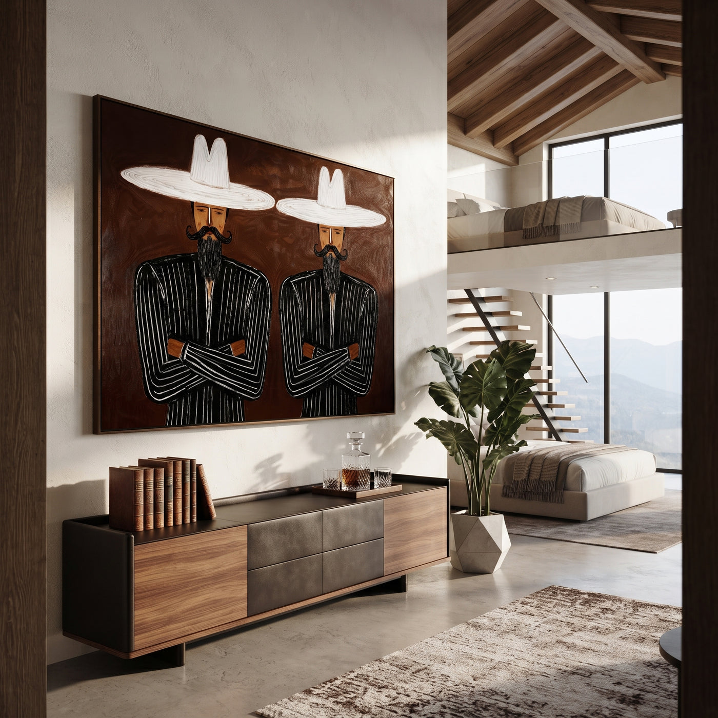 White Brims Guard Beards - bearded pinstripe pair painting by Adrian Lee, mid-century modern horizontal wall art – styled room scene view 3