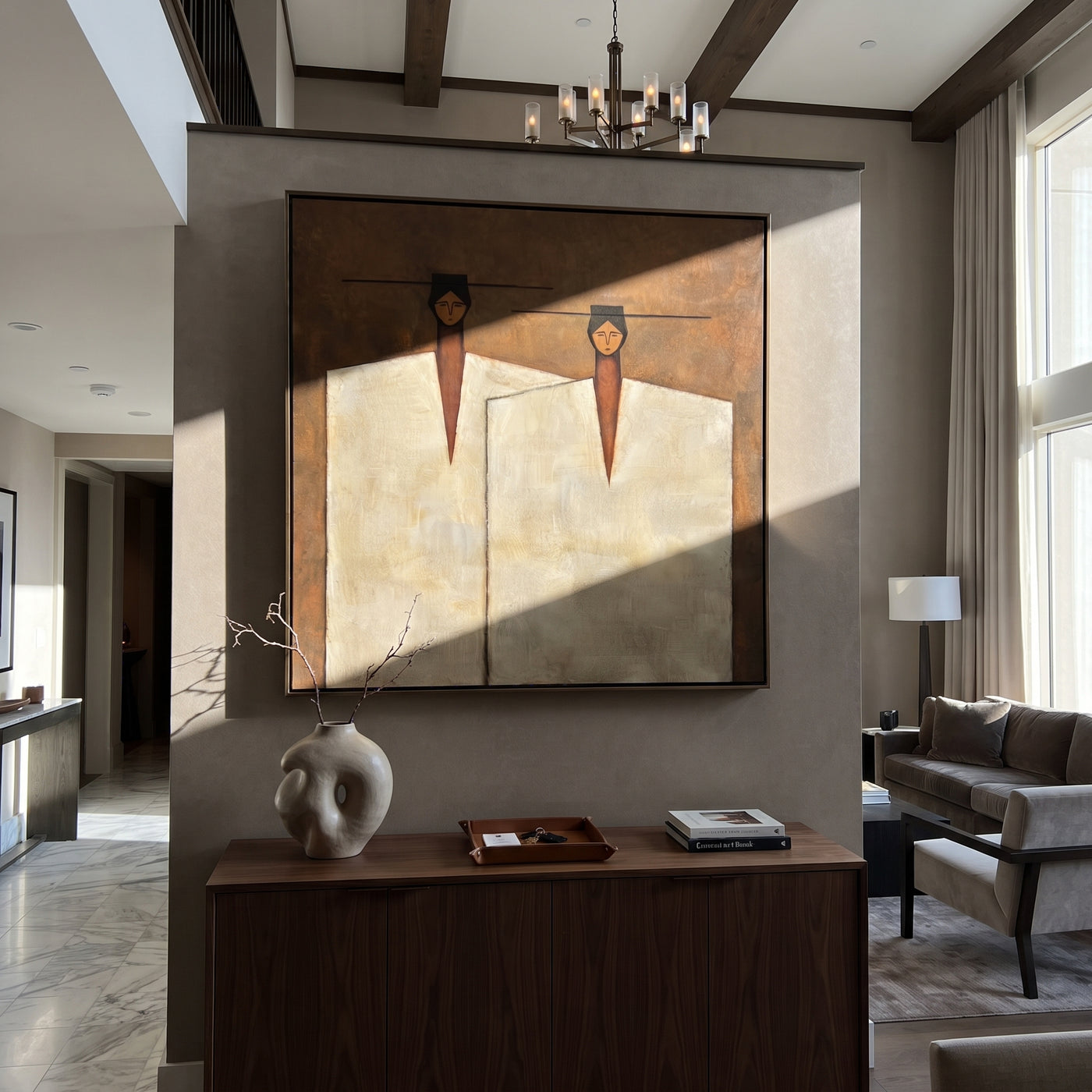 Ivory Coats Share Horizon - ivory coat figure pair painting by Adrian Lee, mid-century modern square wall art – styled room scene view 3