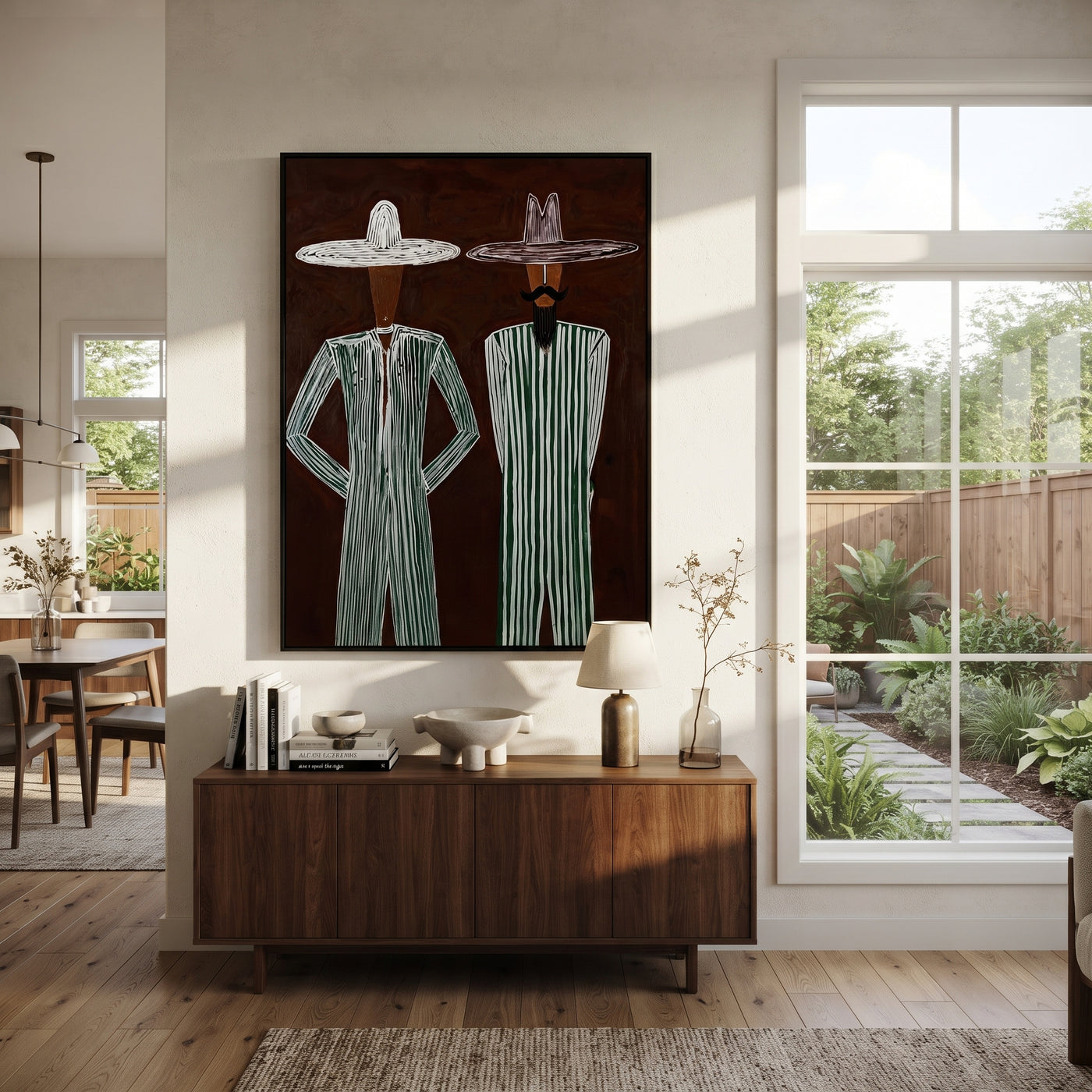 Green Stripes Stand Apart - green stripe standing pair painting by Adrian Lee, mid-century modern vertical wall art – styled room scene view 1