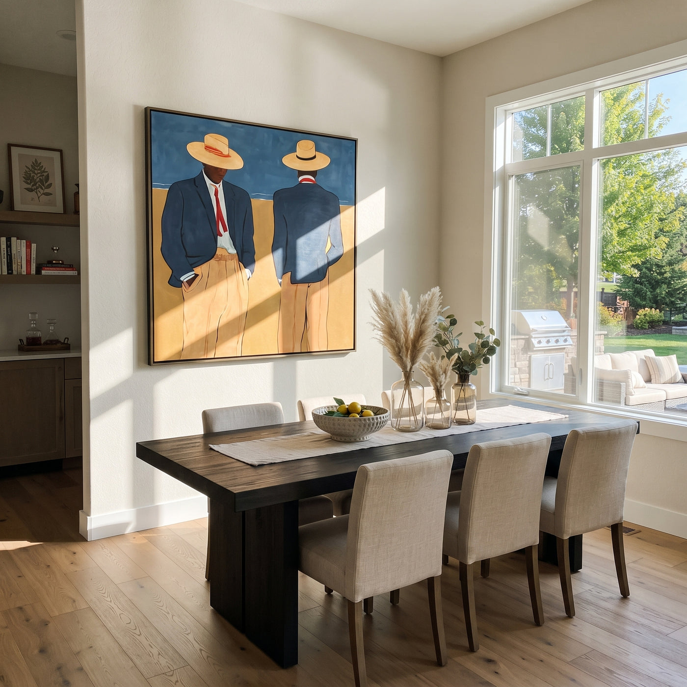 Blue Jackets Turn Away - blue jacket figure pair painting by Adrian Lee, mid-century modern square wall art – styled room scene view 3