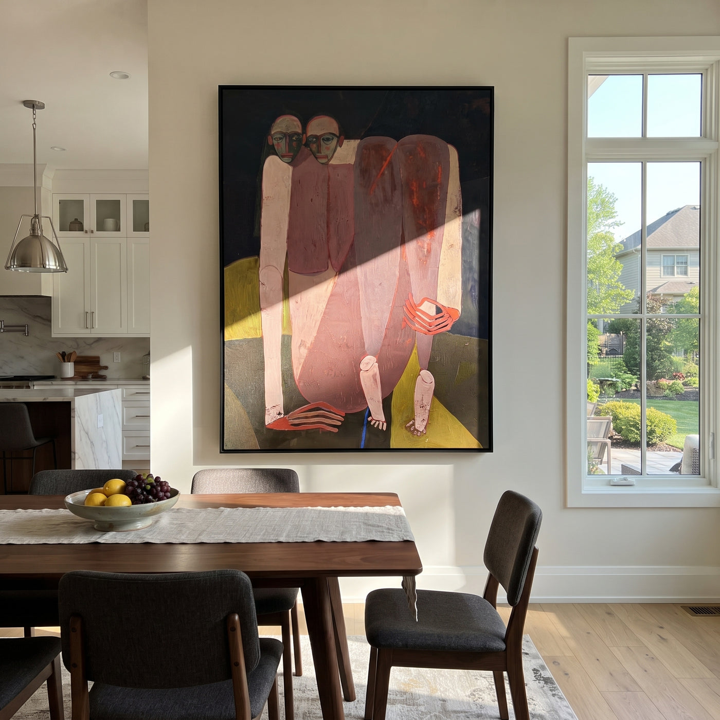Rose Figures Gather Midnight - rose figurative group painting by Adrian Lee, mid-century modern vertical wall art – styled room scene view 3