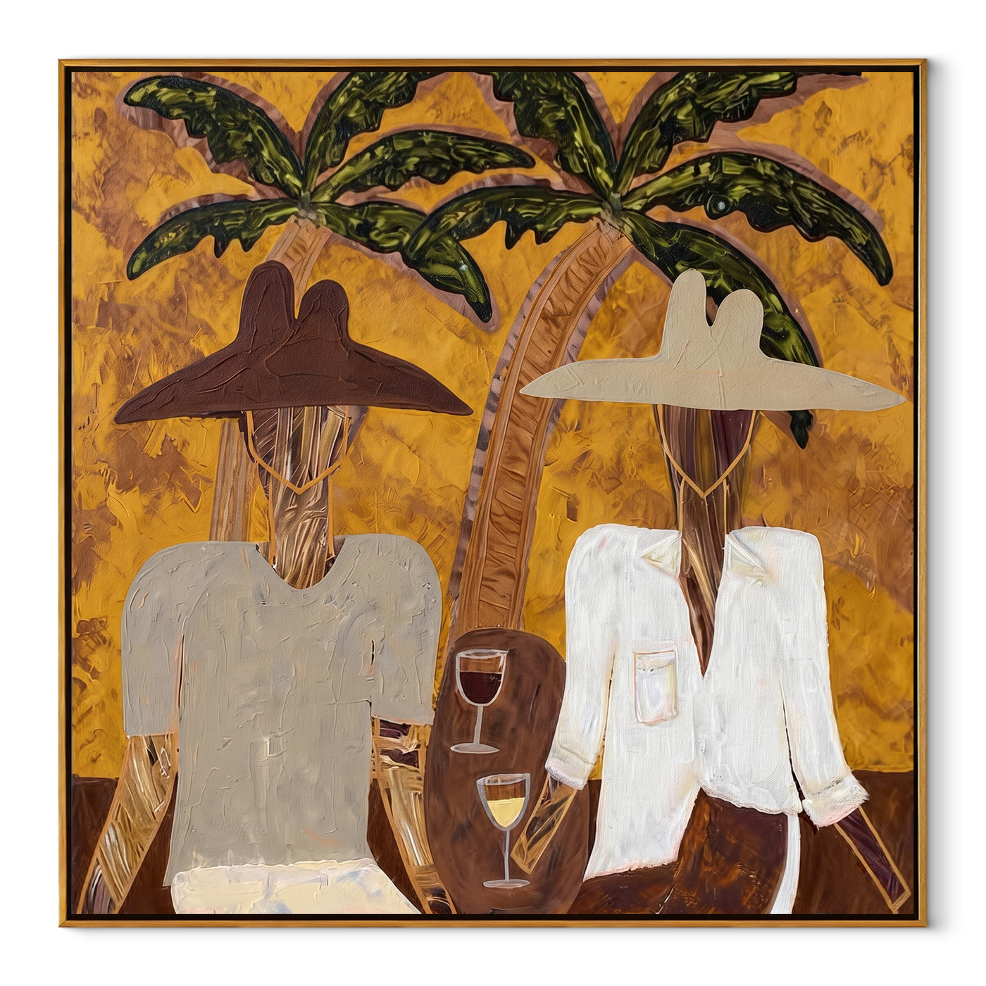 White Jackets Hold Sunset - tropical cocktail pair painting by Claire Whitmore, modern coastal square wall art – wood frame on white background