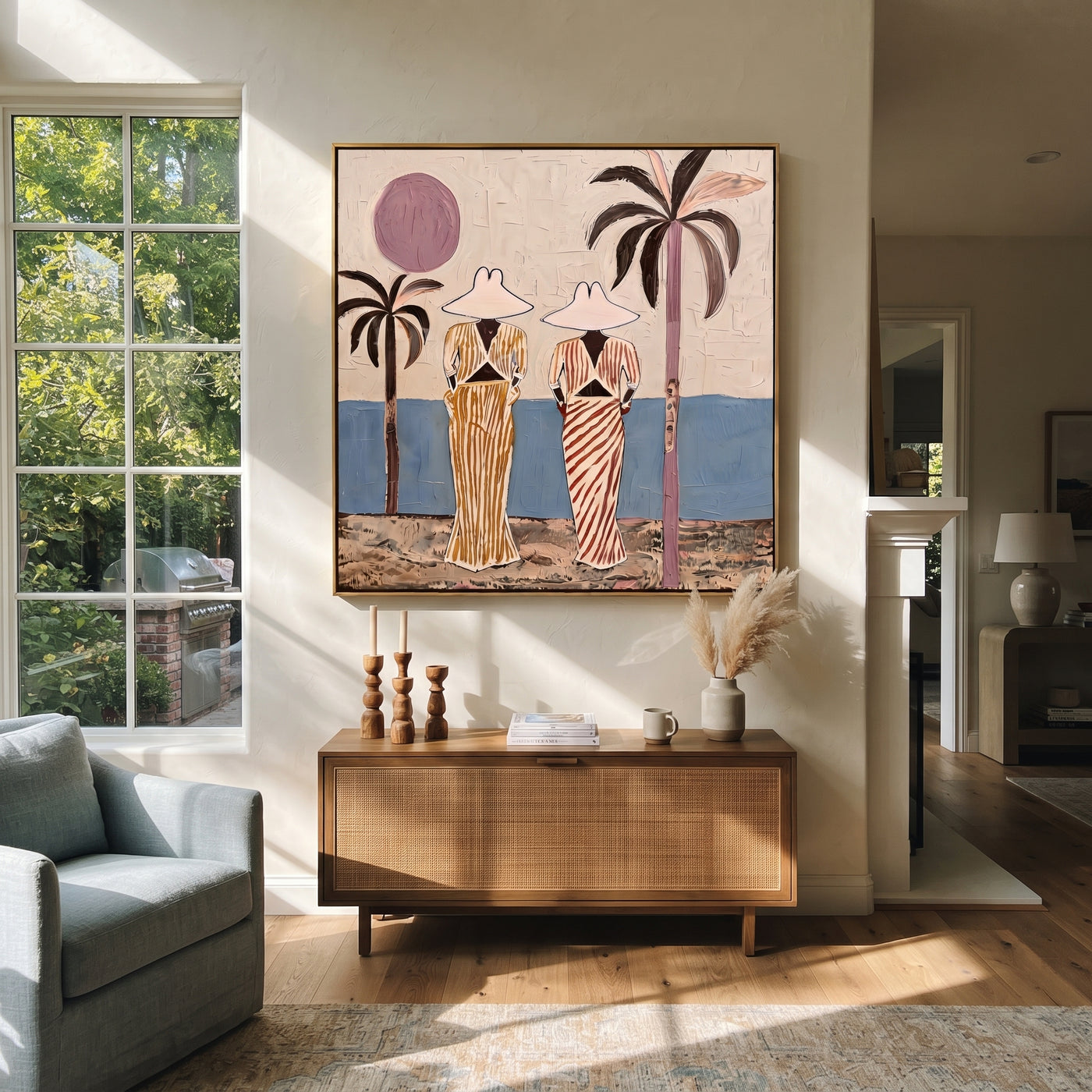 Striped Figures Face Tide - striped beach pair painting by Claire Whitmore, modern coastal square wall art – styled room scene view 1