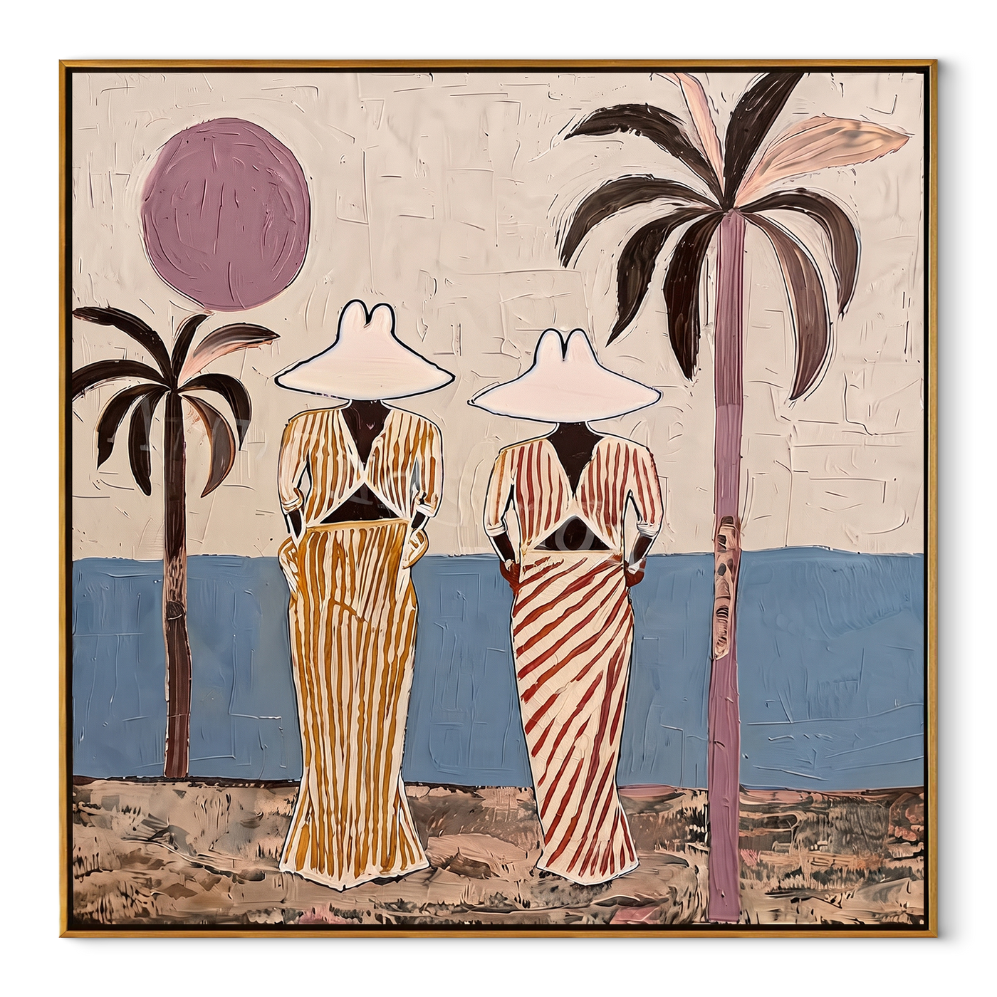 Striped Figures Face Tide - striped beach pair painting by Claire Whitmore, modern coastal square wall art – wood frame on white background