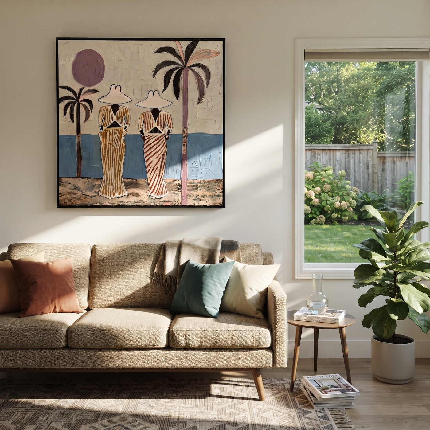 Striped Figures Face Tide - striped beach pair painting by Claire Whitmore, modern coastal square wall art – styled room scene view 2