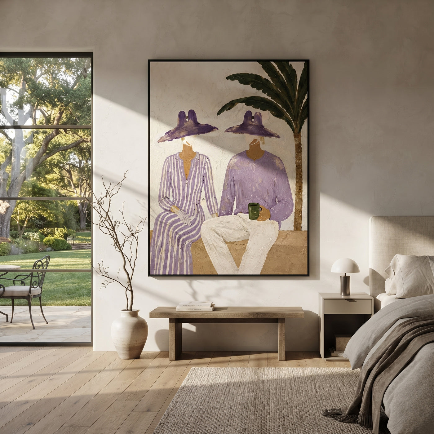 Purple Hats Share Coffee - purple hat coffee pair painting by Claire Whitmore, modern coastal vertical wall art – styled room scene view 3