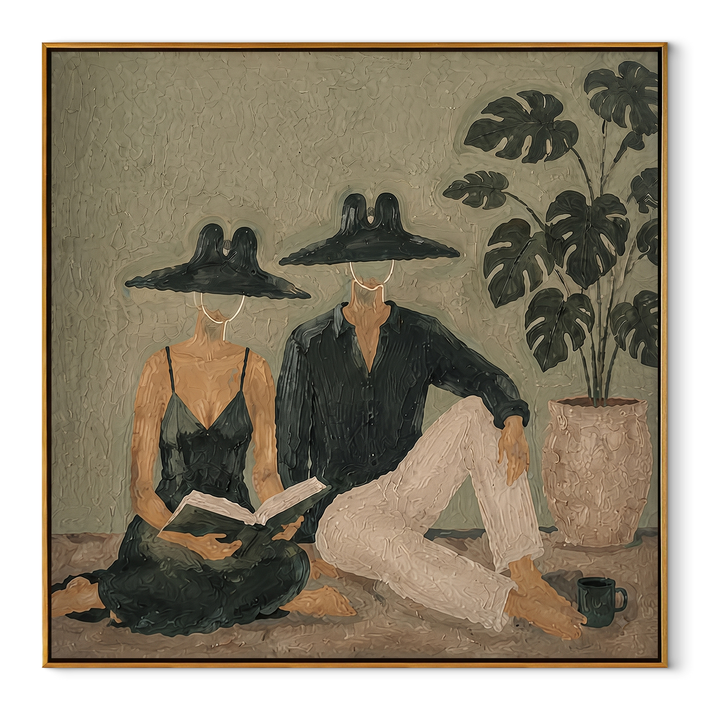 Black Hats Read Together - reading resort couple painting by Claire Whitmore, modern coastal square wall art – wood frame on white background