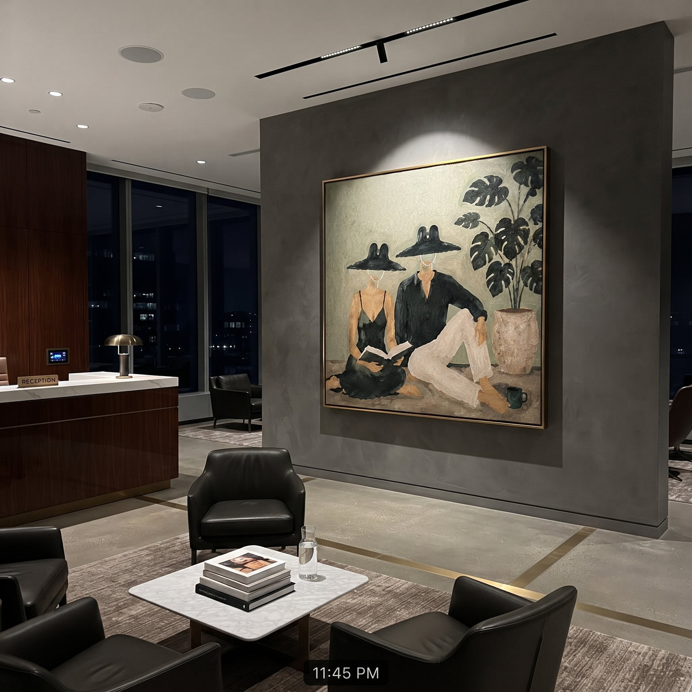 Black Hats Read Together - reading resort couple painting by Claire Whitmore, modern coastal square wall art – styled room scene view 2