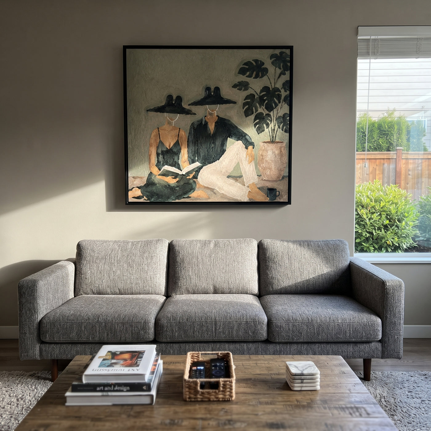 Black Hats Read Together - reading resort couple painting by Claire Whitmore, modern coastal square wall art – styled room scene view 3