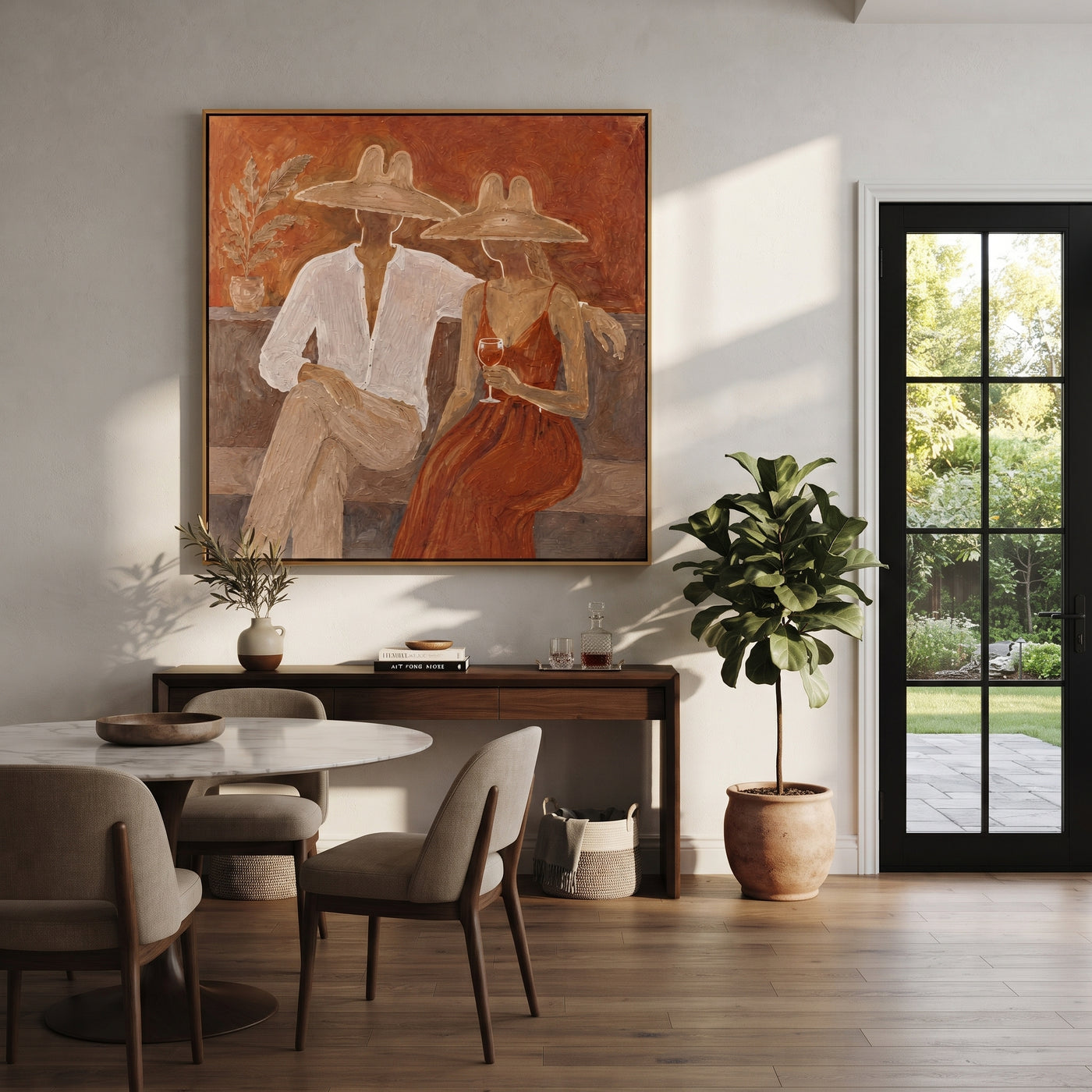 Rust Dress Holds Evening - wine resort couple painting by Claire Whitmore, modern coastal square wall art – styled room scene view 3