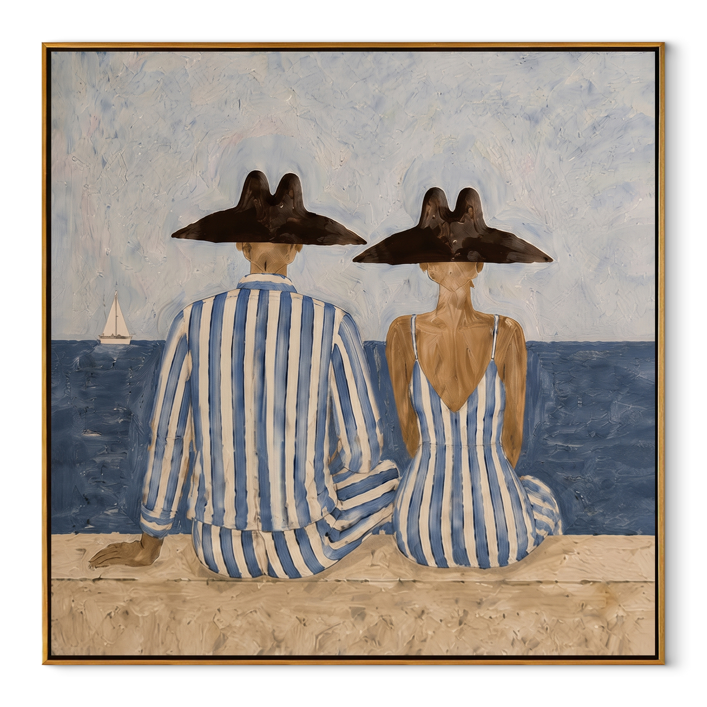 Blue Stripes Watch Tide - seaside striped pair painting by Claire Whitmore, modern coastal square wall art – wood frame on white background