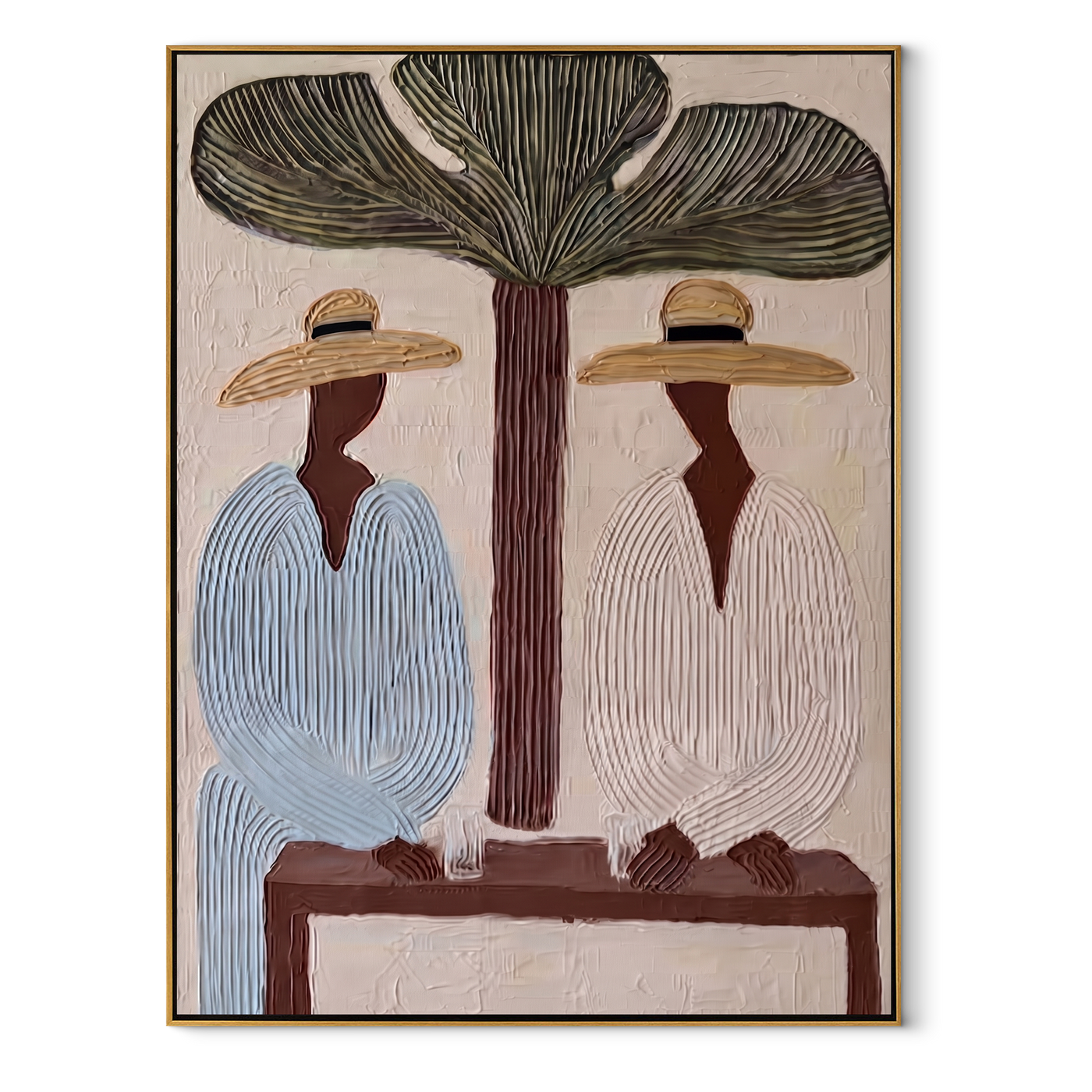 Tree Shade Divides Linen - tropical tree figure pair painting by Claire Whitmore, modern coastal vertical wall art – wood frame on white background