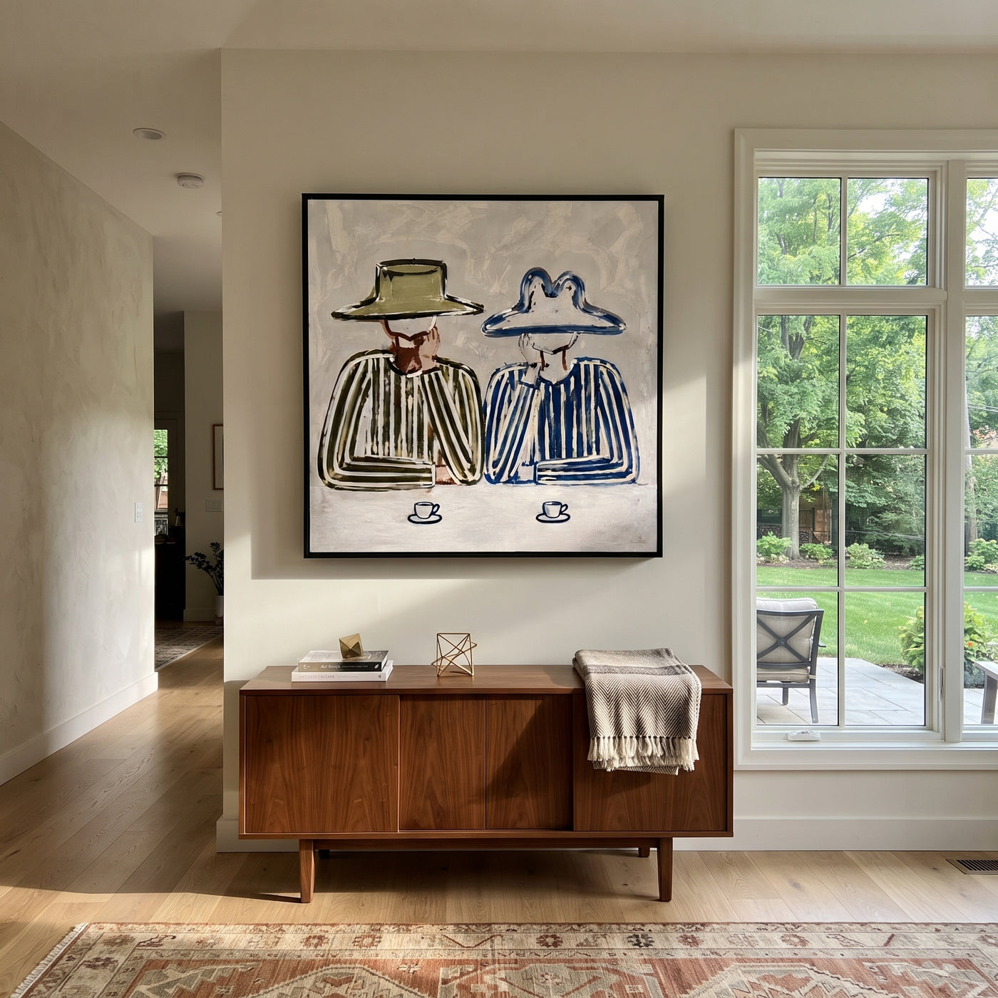 Coffee Waits Beneath Brims - striped coffee pair painting by Savannah Reed, modern folk art square wall art – styled room scene view 2
