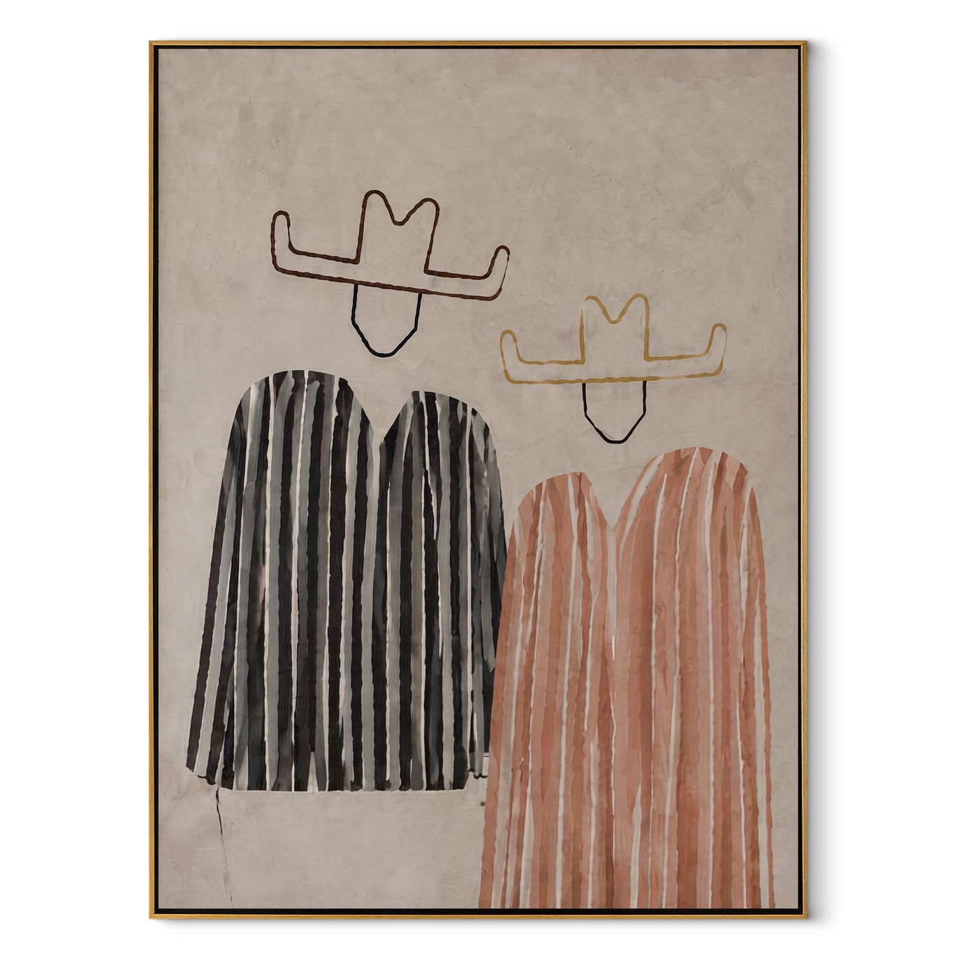 Striped Bodies Lose Faces - minimal cowboy pair painting by Savannah Reed, modern folk art vertical wall art – wood frame on white background