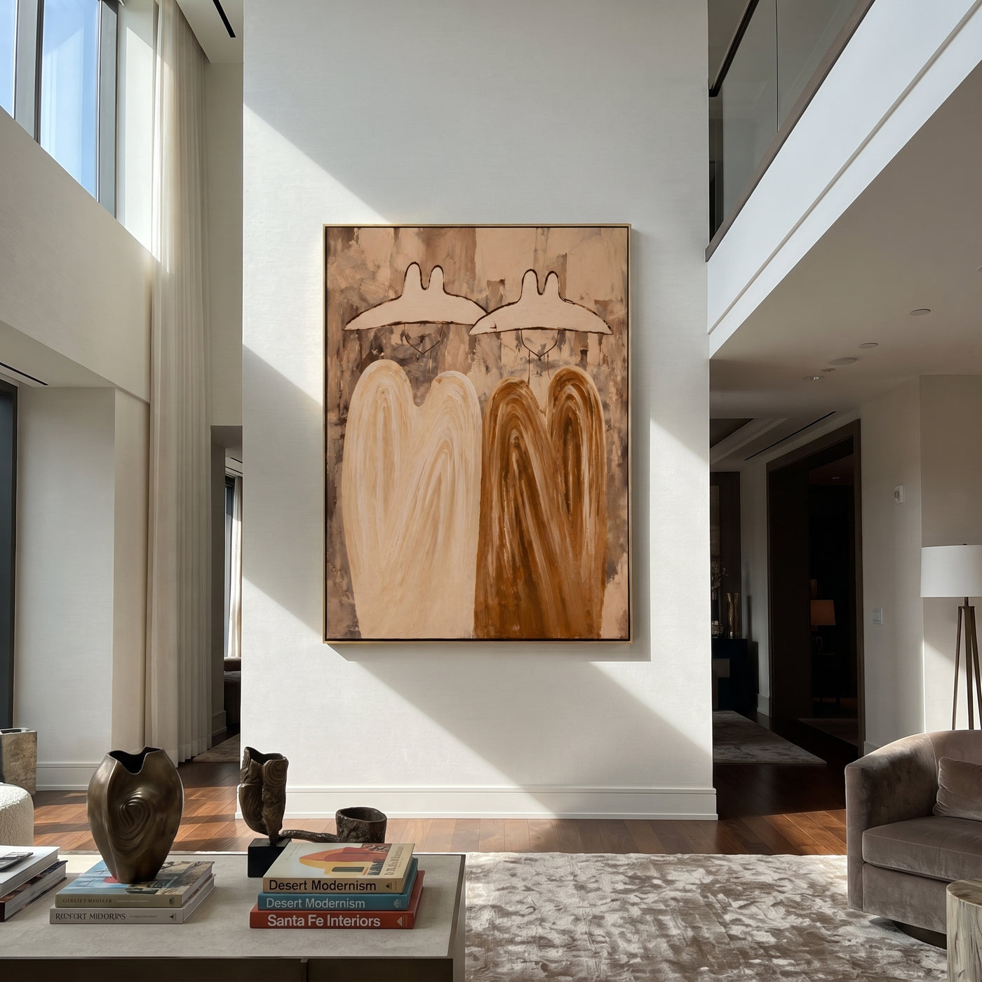 Earth Coats Hold Silence - neutral cowboy pair painting by Savannah Reed, modern folk art vertical wall art – styled room scene view 3