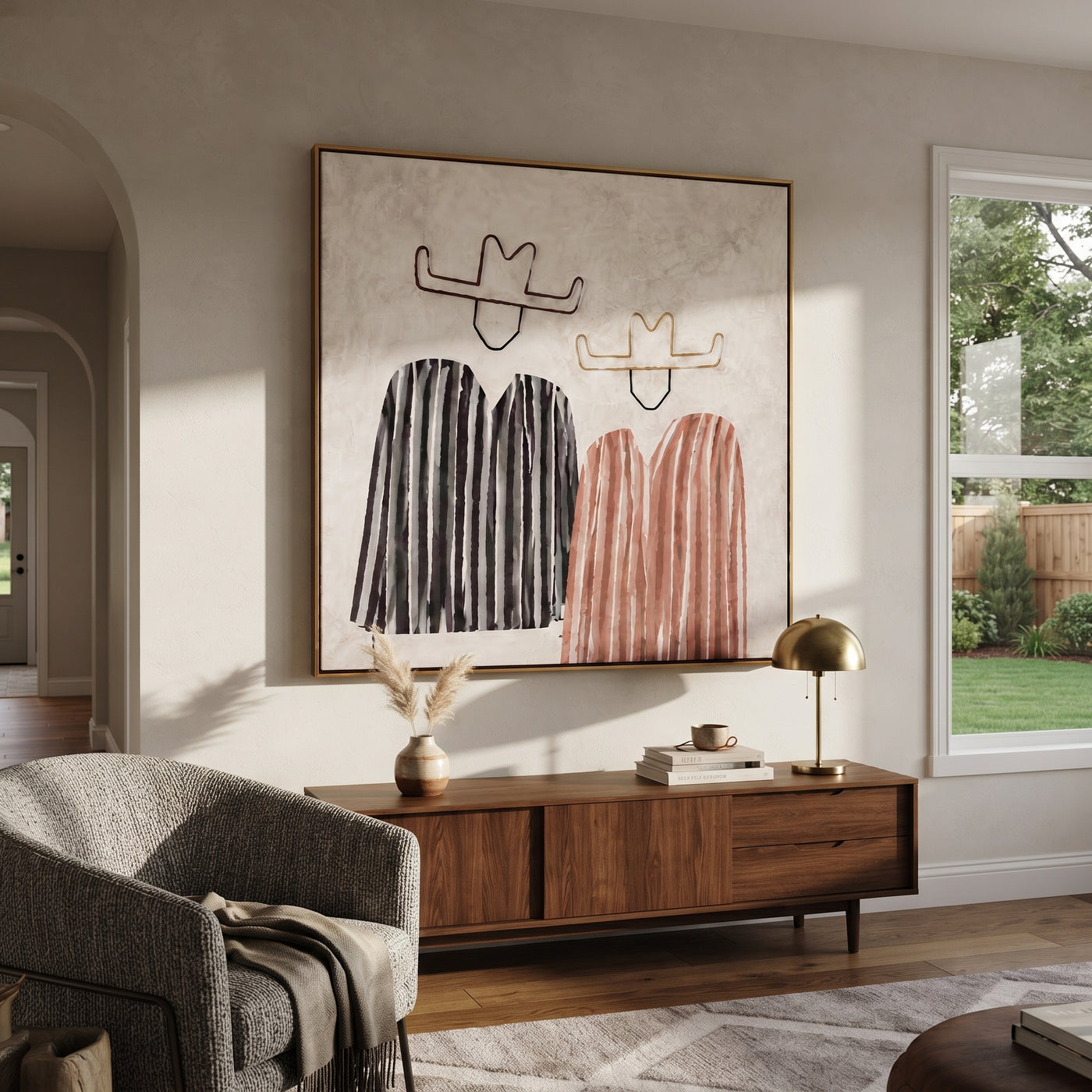 Black Stripes Meet Blush - striped cowboy pair painting by Savannah Reed, modern folk art square wall art – styled room scene view 1