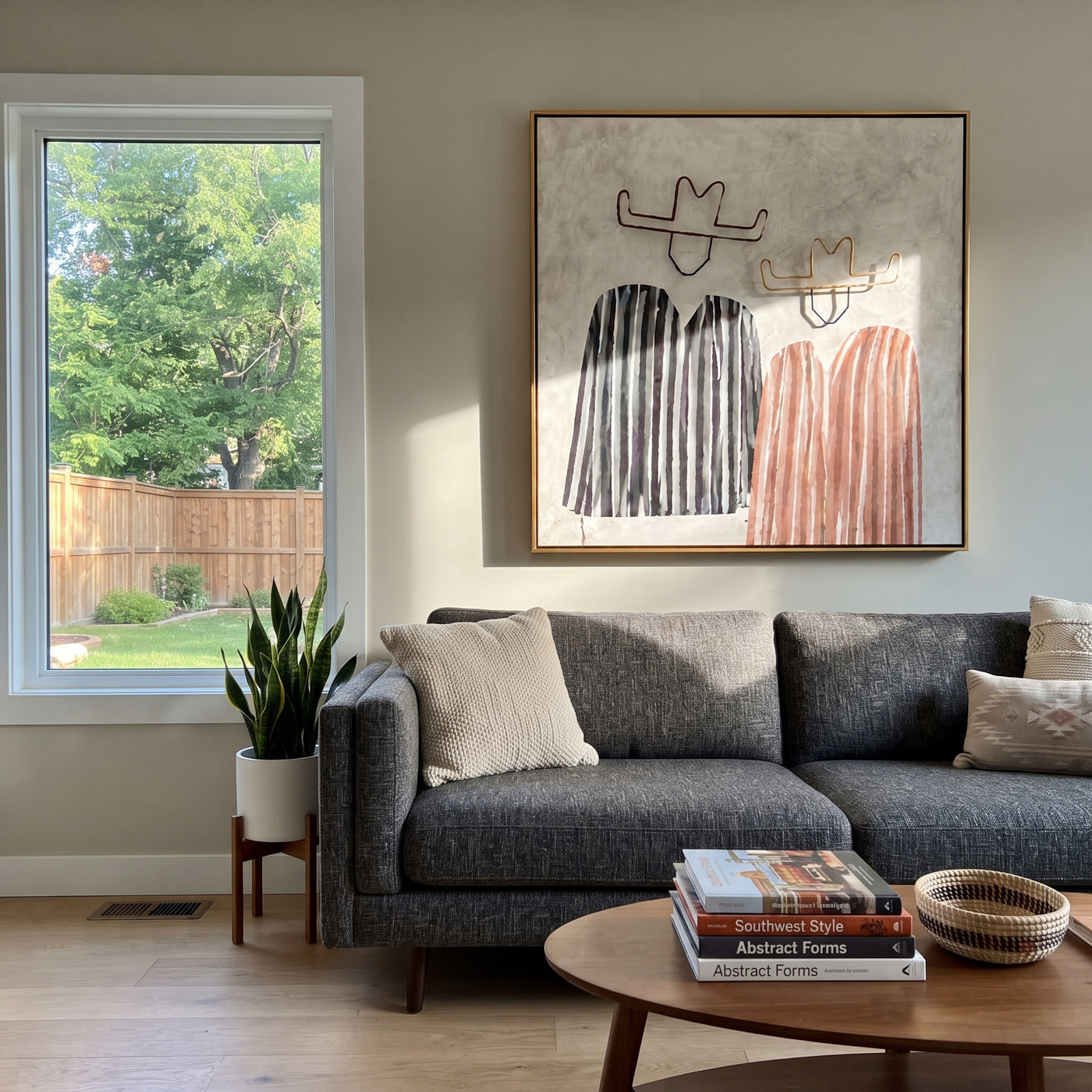 Black Stripes Meet Blush - striped cowboy pair painting by Savannah Reed, modern folk art square wall art – styled room scene view 2