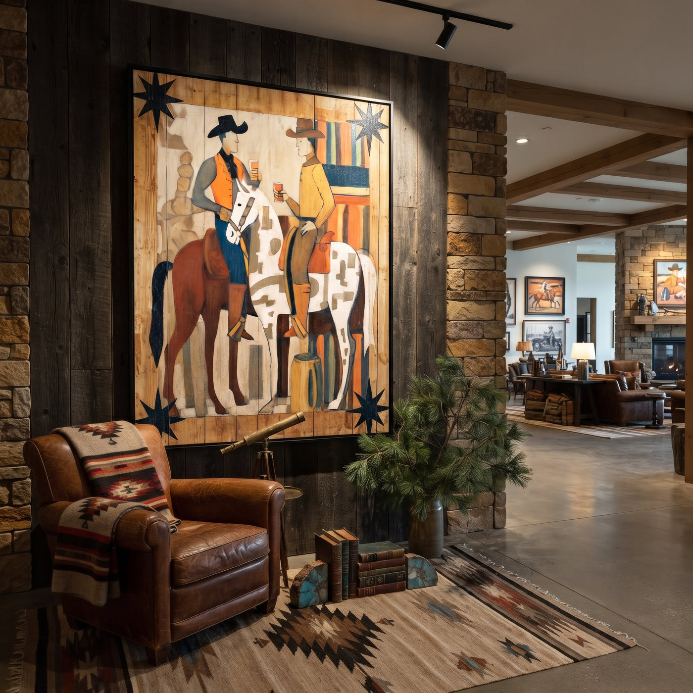 Two Riders Share Timber - cowboy horse pair painting by Savannah Reed, modern folk art vertical wall art – styled room scene view 2