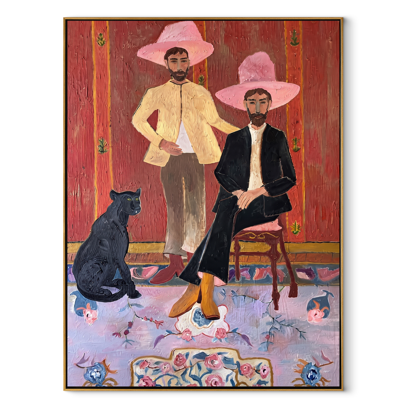 Pink Hats Keep Company - cowboy dog interior painting by Savannah Reed, modern folk art vertical wall art – wood frame on white background