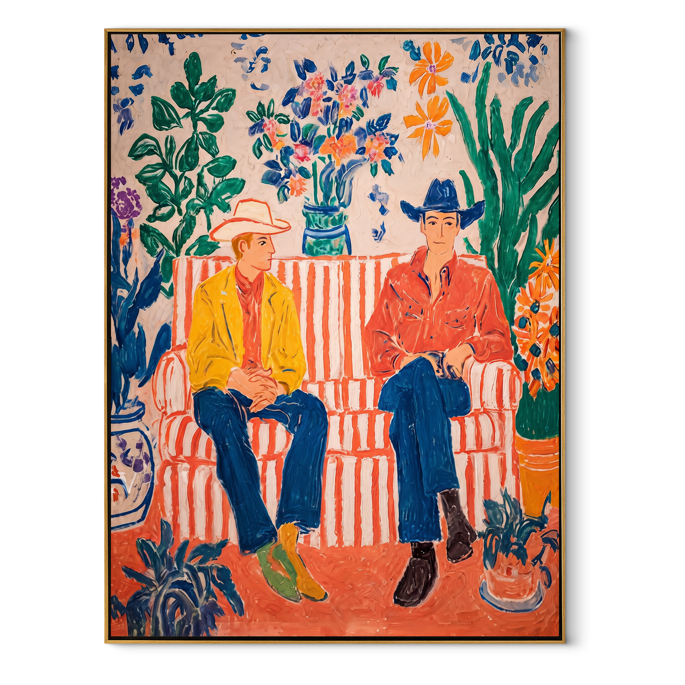 Striped Sofa Grows Wild - floral cowboy sofa painting by Savannah Reed, modern folk art vertical wall art – wood frame on white background