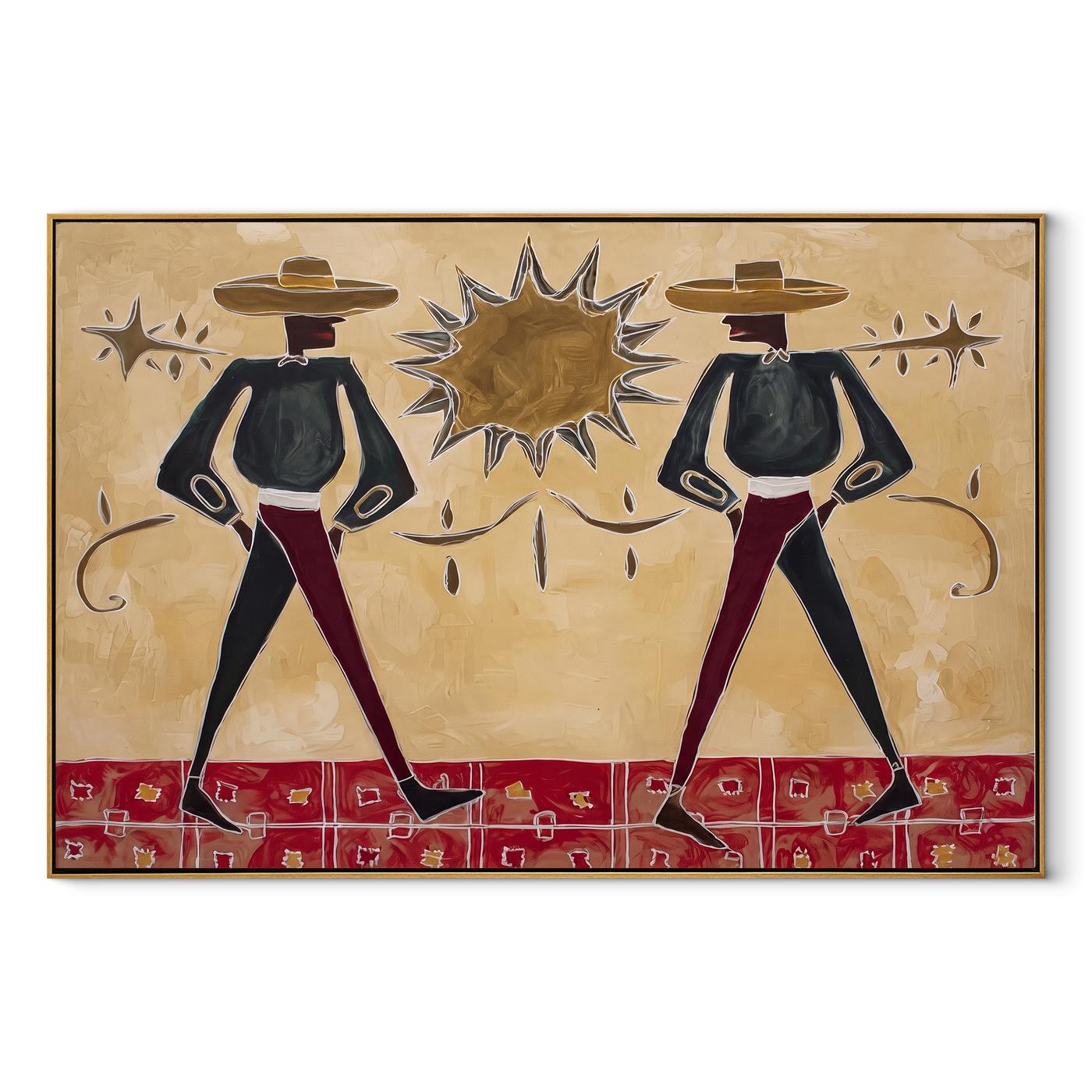 Twin Cowboys Split Sun - starburst cowboy pair painting by Savannah Reed, modern folk art horizontal wall art – wood frame on white background