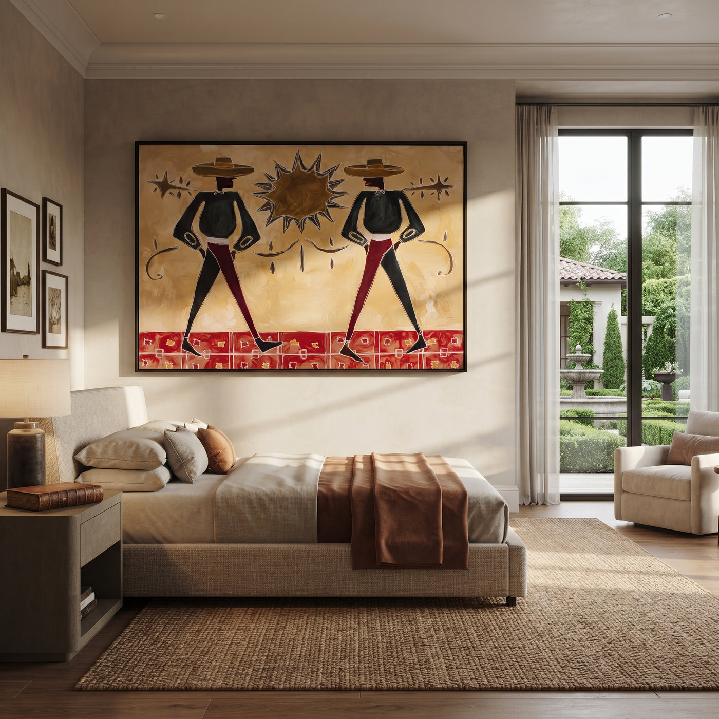 Twin Cowboys Split Sun - starburst cowboy pair painting by Savannah Reed, modern folk art horizontal wall art – styled room scene view 2