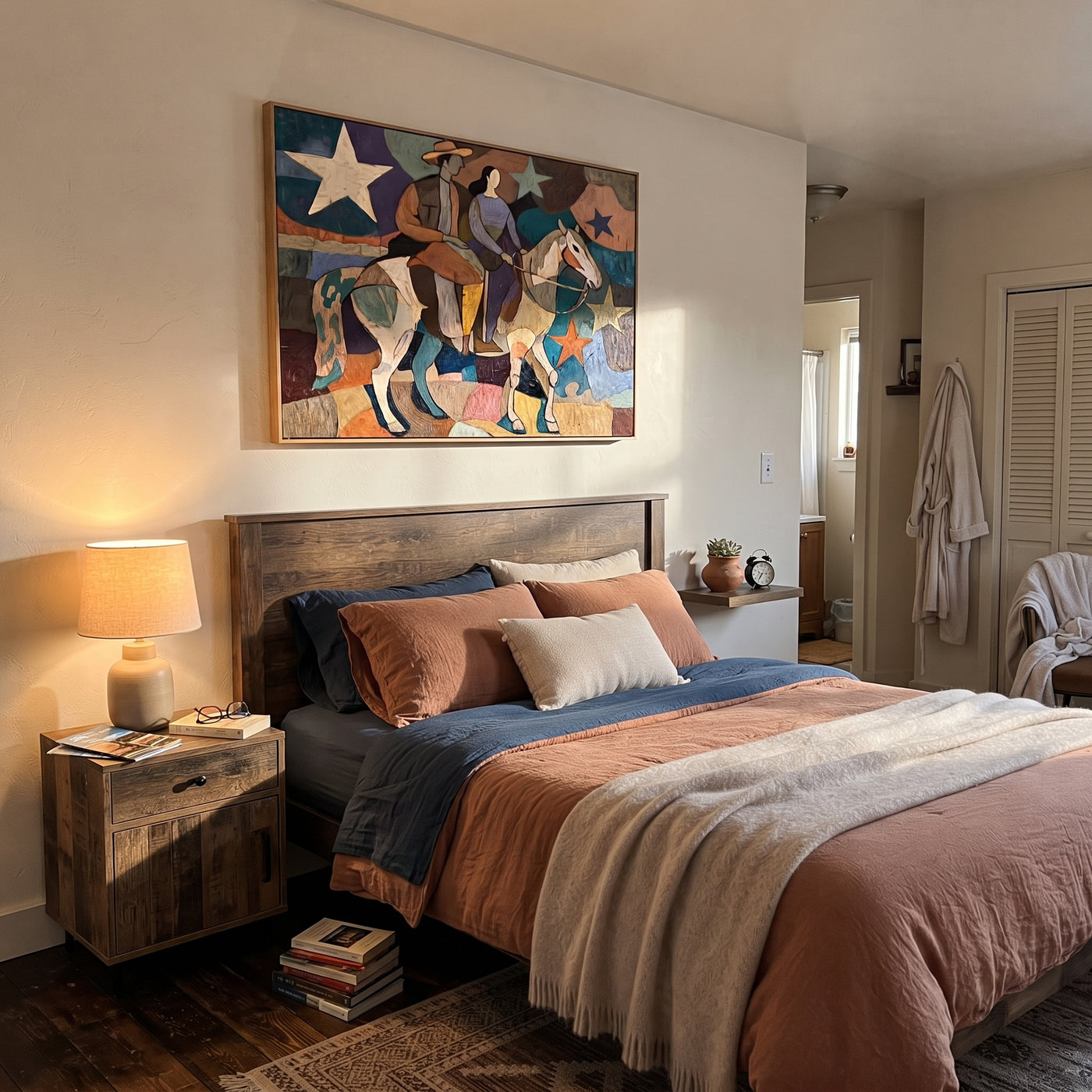 Two Riders Cross Stars - cowboy cowgirl horse painting by Savannah Reed, modern folk art horizontal wall art - styled room scene view 2