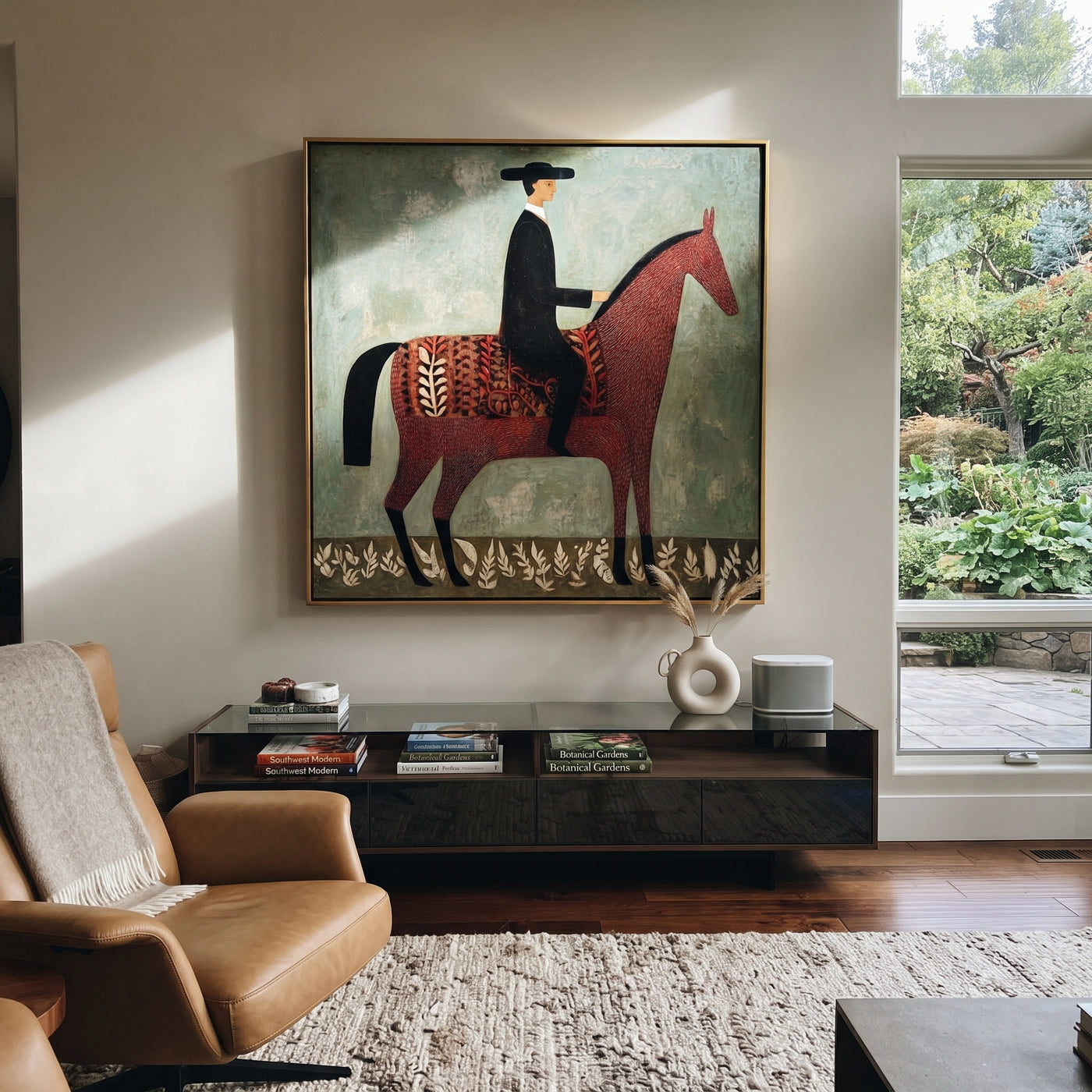 Patterned Saddle Meets Sage - decorative horse rider painting by Isabelle Laurent, modern Western square wall art – styled room scene view 2