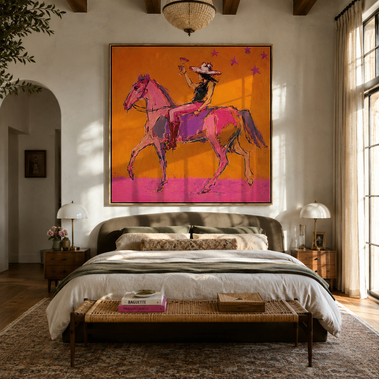 Pink Horses Race Sunlight - expressive two horse painting by Isabelle Laurent, modern Western square wall art – styled room scene view 1