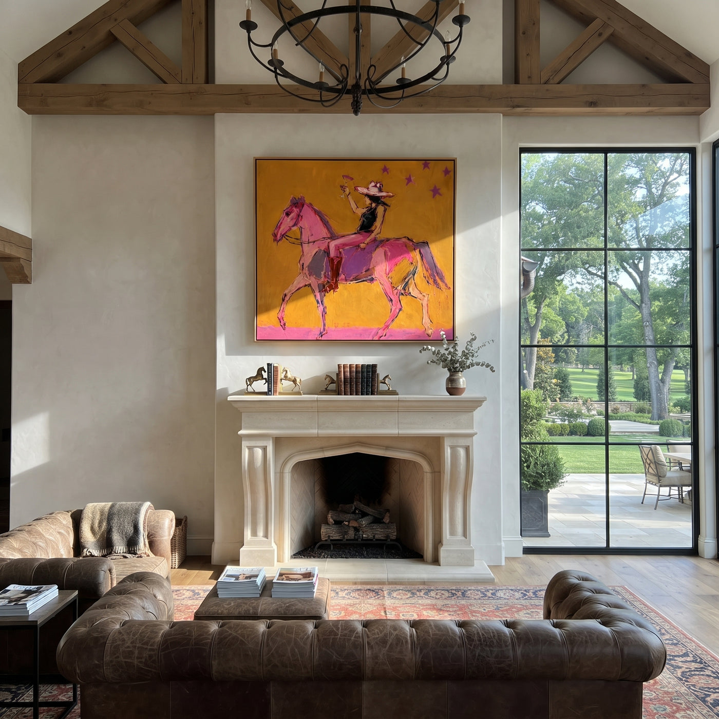Pink Horses Race Sunlight - expressive two horse painting by Isabelle Laurent, modern Western square wall art – styled room scene view 3