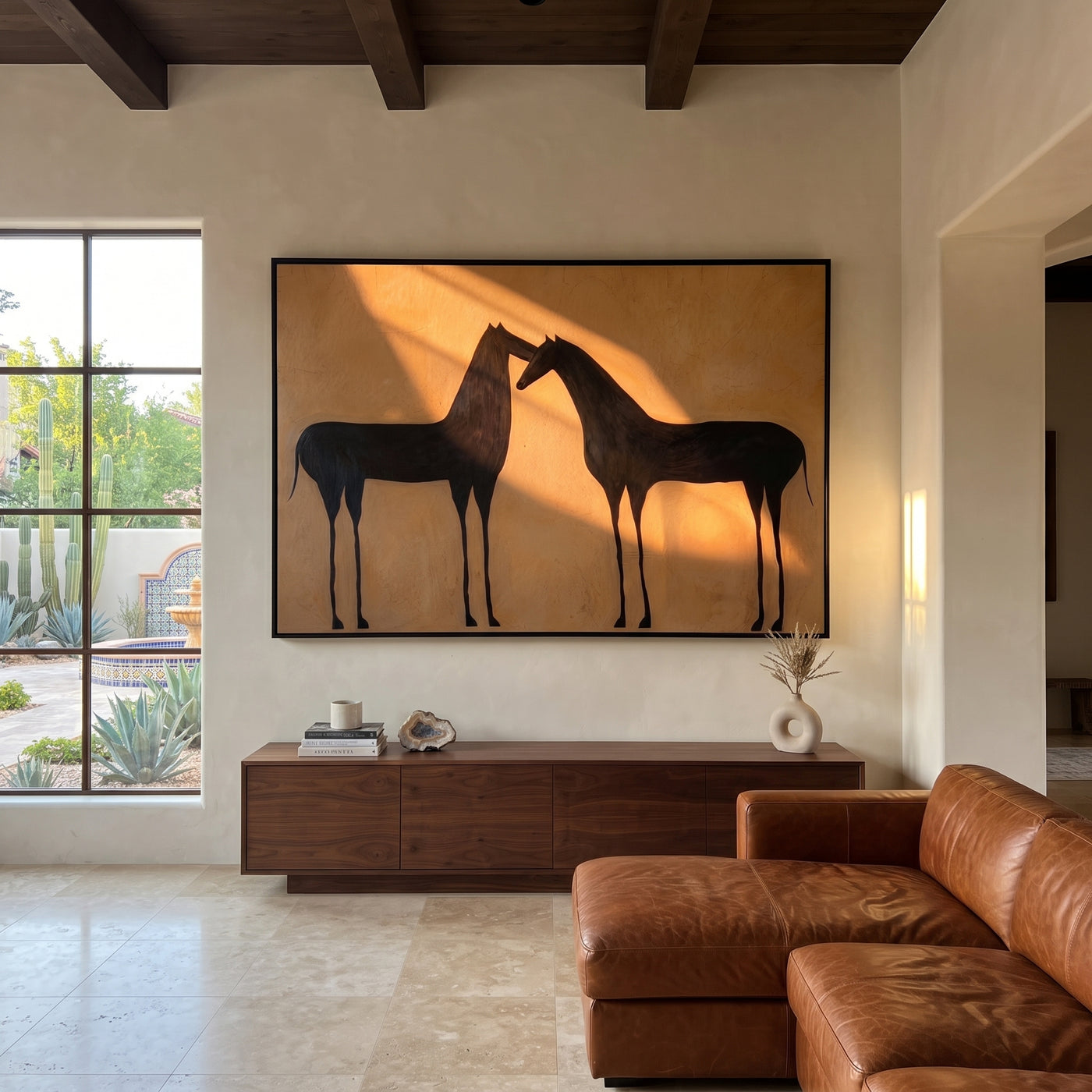 Two Shadows Meet Warmth - black horse pair painting by Isabelle Laurent, modern Western horizontal wall art – styled room scene view 1