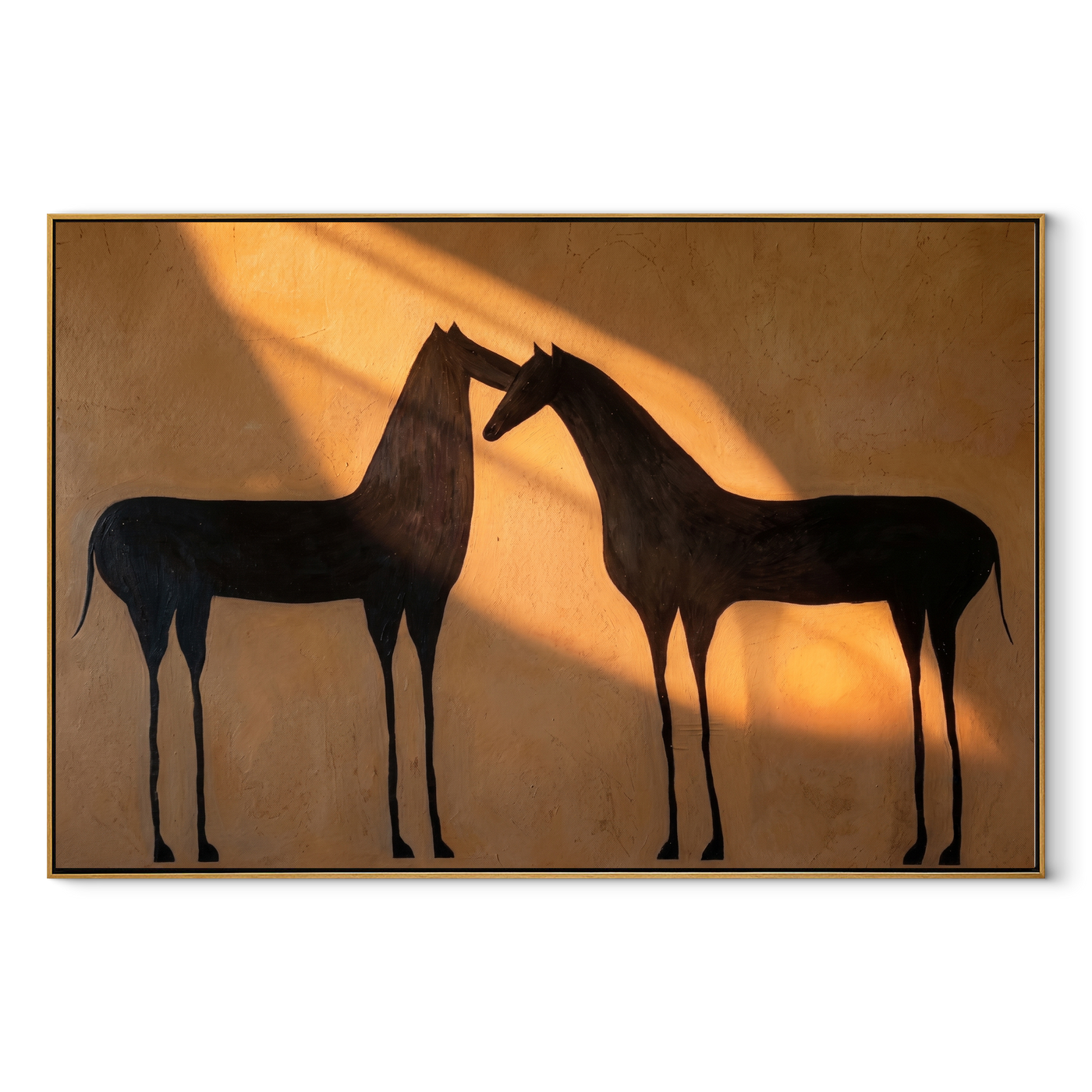 Two Shadows Meet Warmth - black horse pair painting by Isabelle Laurent, modern Western horizontal wall art – wood frame on white background