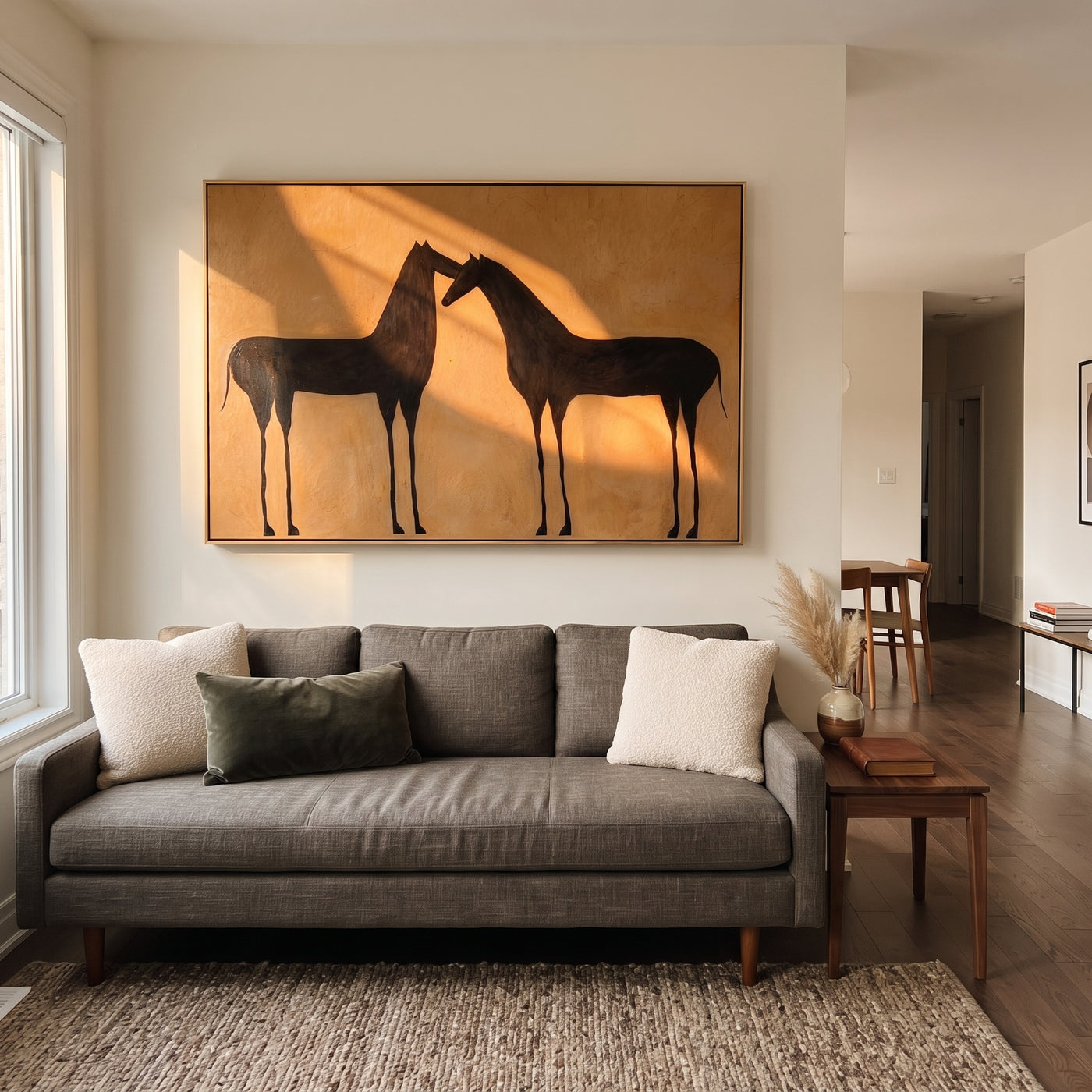 Two Shadows Meet Warmth - black horse pair painting by Isabelle Laurent, modern Western horizontal wall art – styled room scene view 3