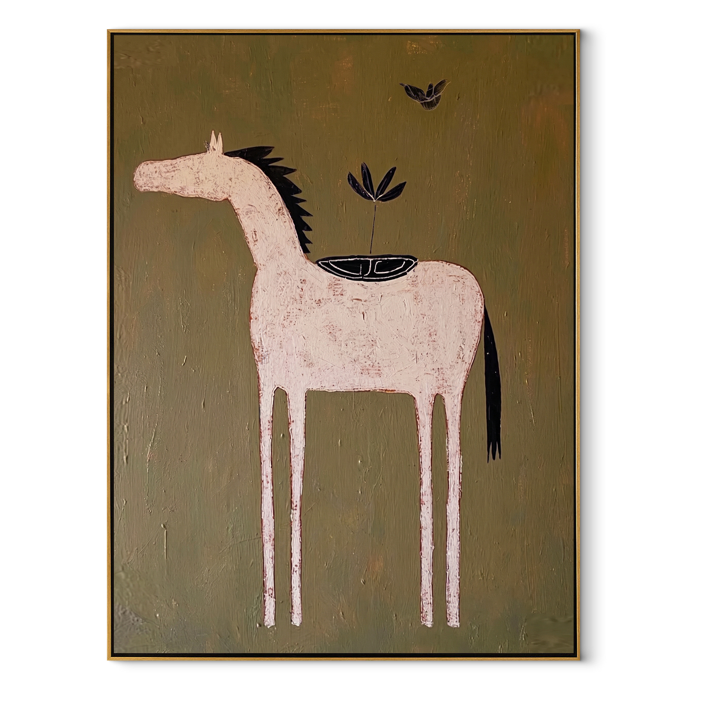 Pale Horse Carries Garden - minimal white horse painting by Isabelle Laurent, modern Western vertical wall art – wood frame on white background