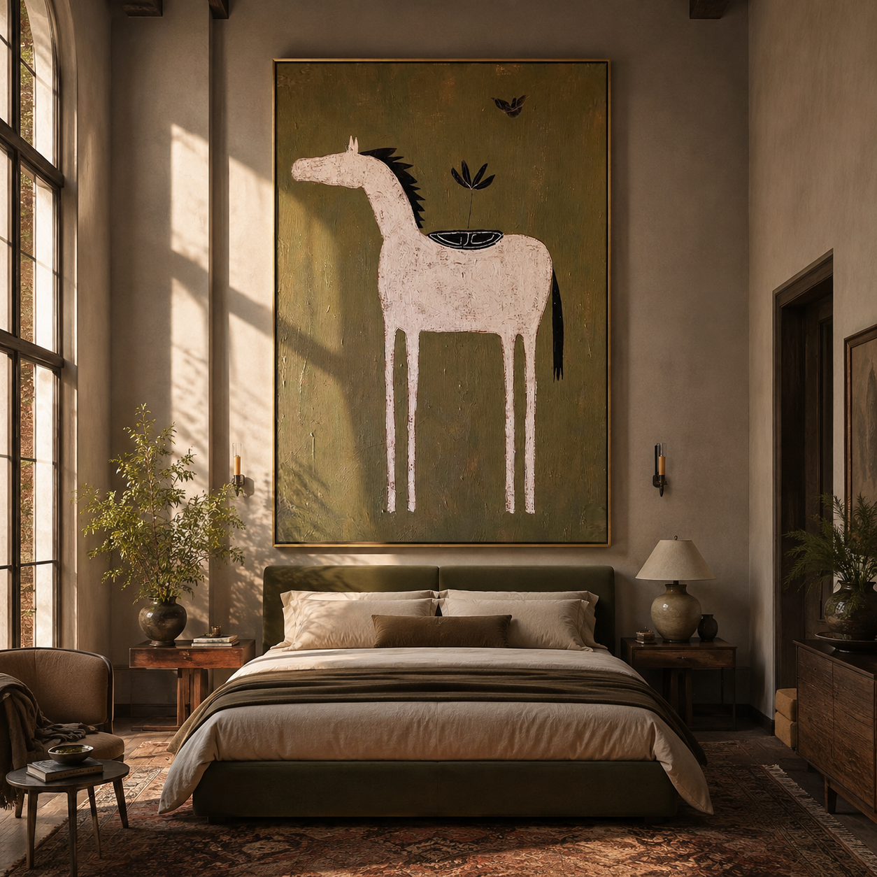 Pale Horse Carries Garden - minimal white horse painting by Isabelle Laurent, modern Western vertical wall art – styled room scene view 2