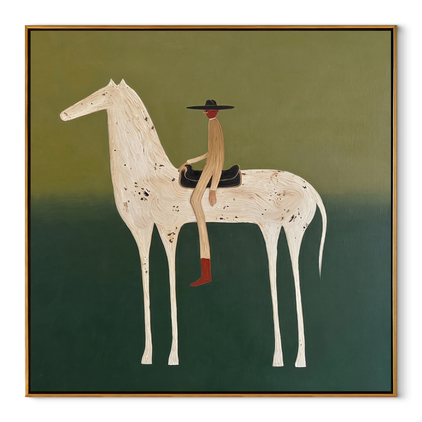 Red Boots Ride Mist - white horse rider painting by Isabelle Laurent, modern Western square wall art – wood frame on white background