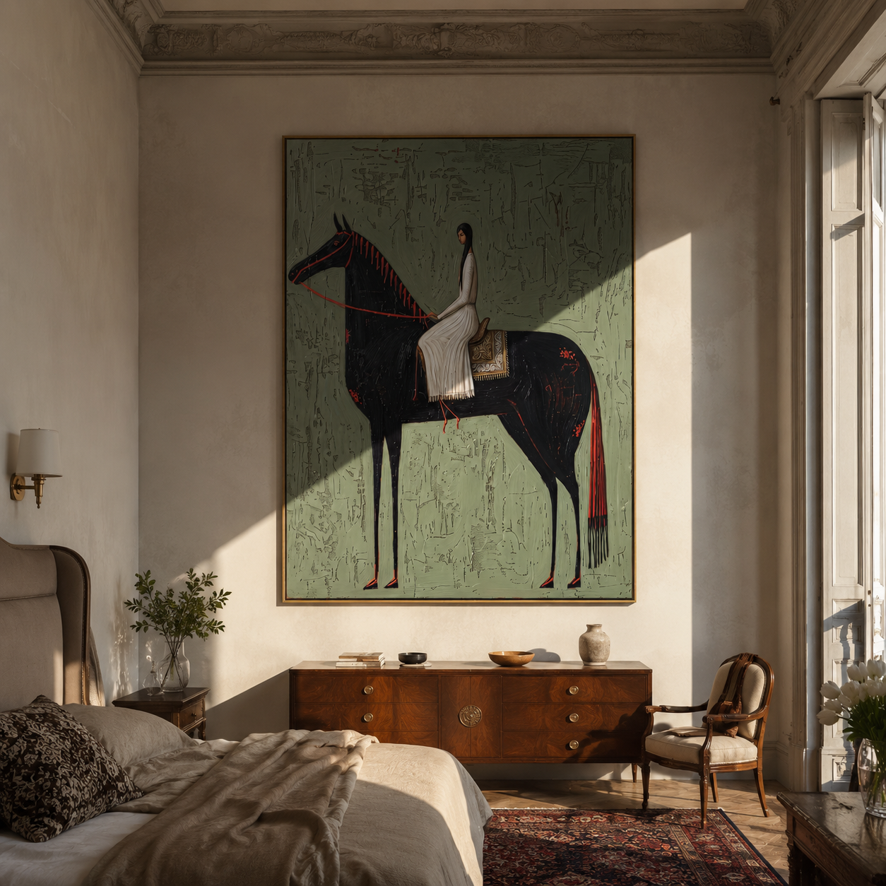 White Dress Crosses Sage - woman black horse painting by Isabelle Laurent, modern Western vertical wall art – styled room scene view 1