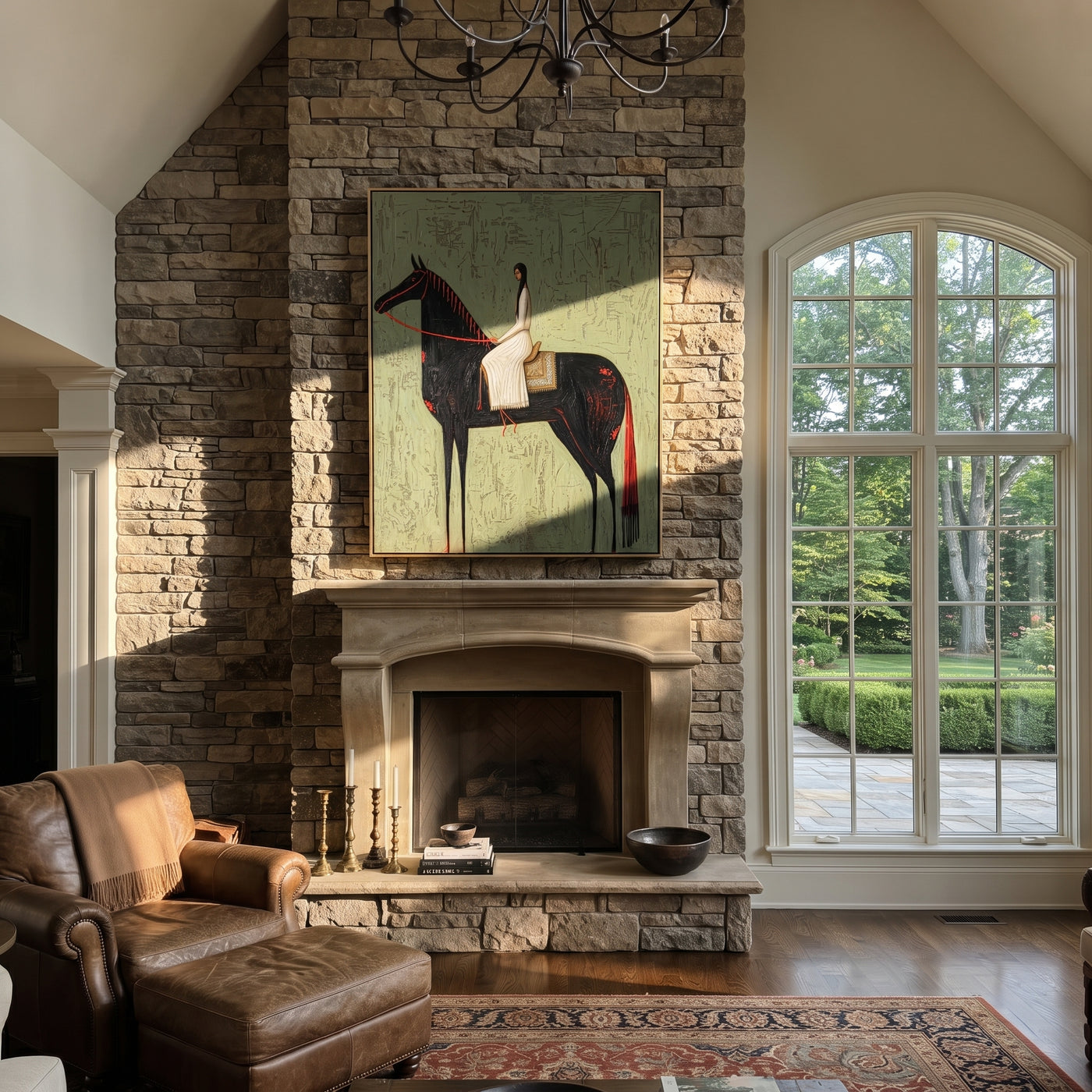 White Dress Crosses Sage - woman black horse painting by Isabelle Laurent, modern Western vertical wall art – styled room scene view 2