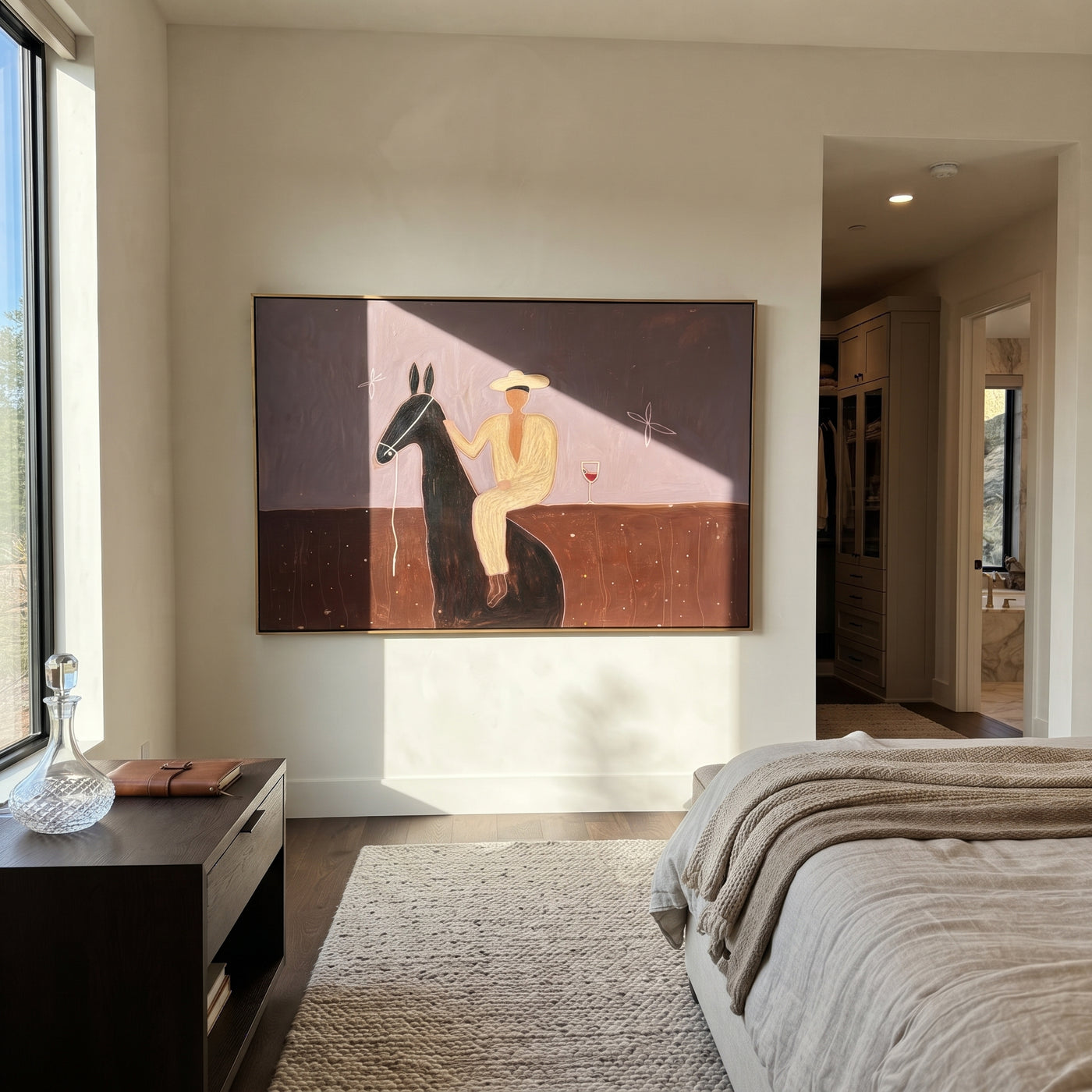 Lavender Evening Holds Toast - seated horse rider painting by Isabelle Laurent, modern Western horizontal wall art – styled room scene view 1