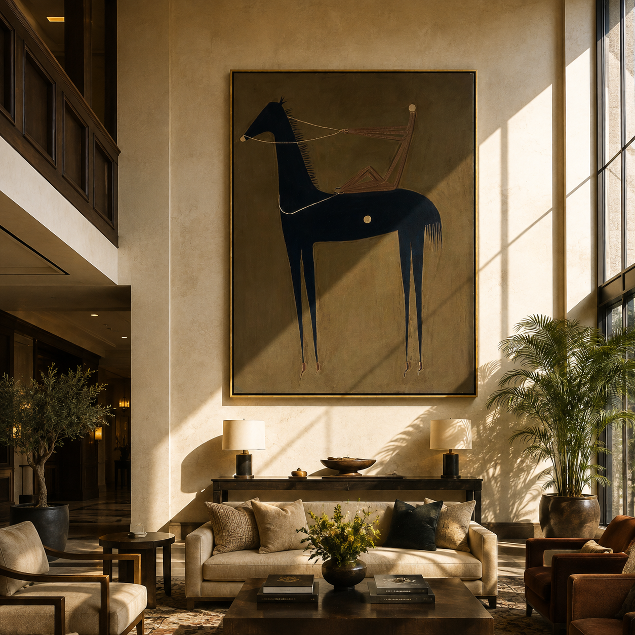 Pale Line Tethers Midnight - abstract black horse painting by Isabelle Laurent, modern Western vertical wall art – styled room scene view 2
