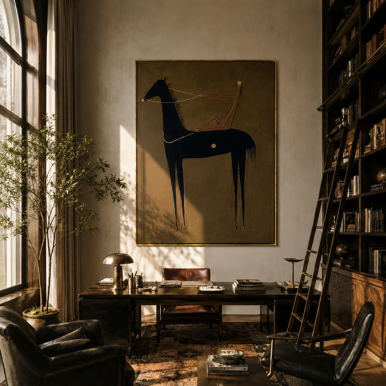 Pale Line Tethers Midnight - abstract black horse painting by Isabelle Laurent, modern Western vertical wall art – styled room scene view 3