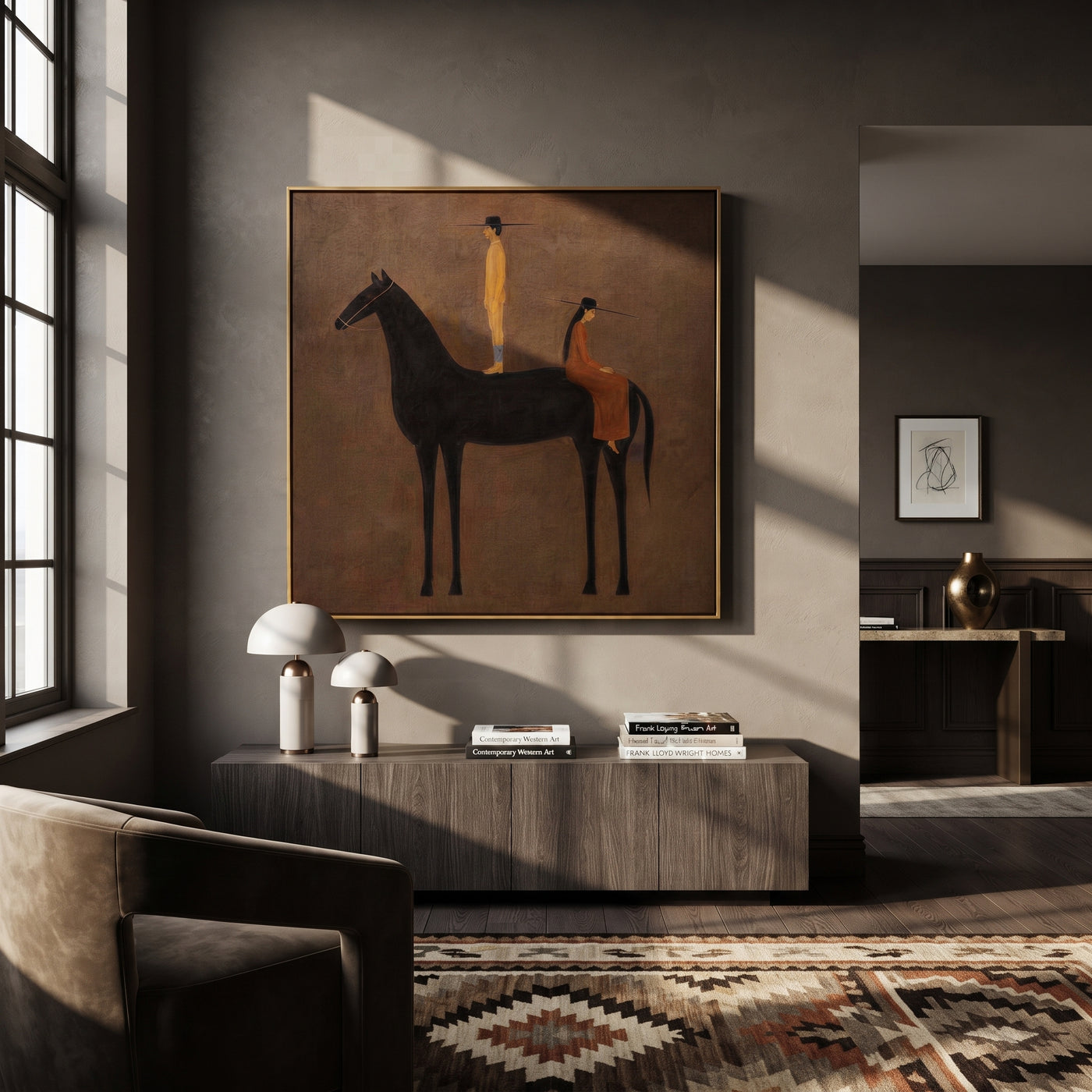 Black Horse Holds Distance - black horse companion painting by Isabelle Laurent, modern Western square wall art – styled room scene view 3