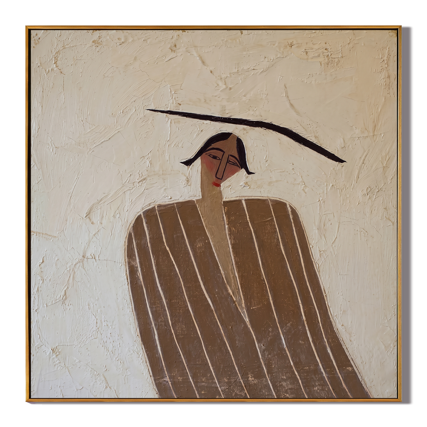 The Brim Draws Silence — Pinstripe Hat Figure Painting | Retro Modern Square Wall Art – brown and gray retro modern fashion art, square hand-painted canvas art – view 1