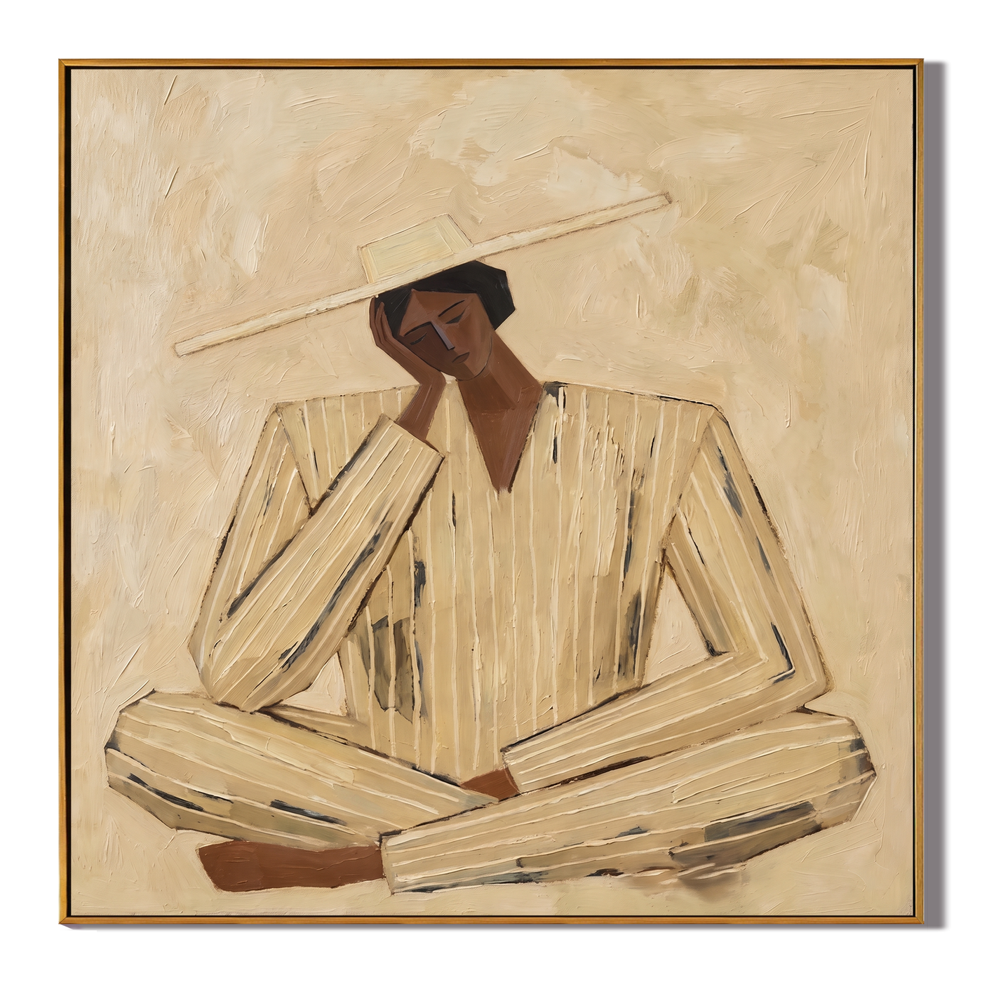 Ivory Suit at Noon — Ivory Pinstripe Figure Painting | Retro Modern Square Wall Art – gold and brown retro modern fashion art, square hand-painted canvas art – view 1